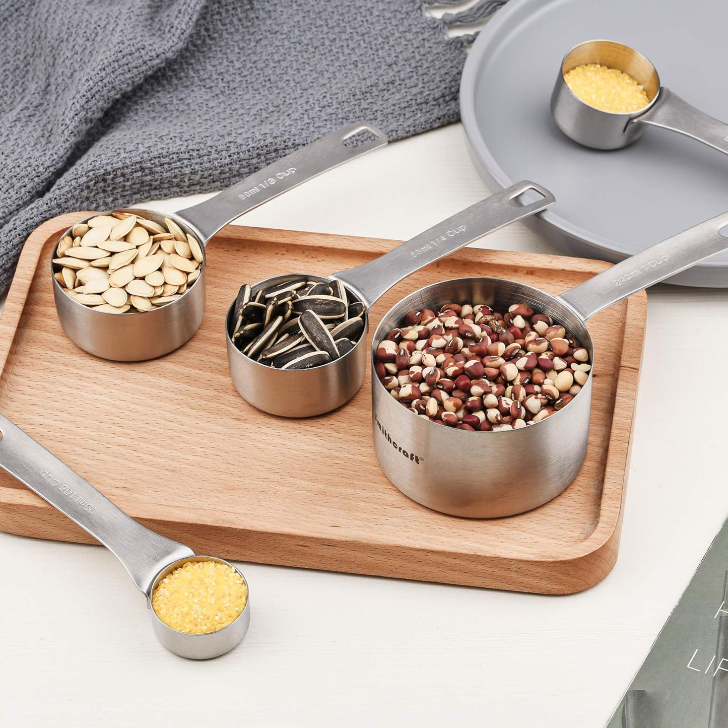 Measuring Cups and Spoons Set, 7 Stainless Steel Measuring Cups and 8 Measuring Spoons and 1 Measurer Ingredient Leveler and 1Magnetic Conversion Chart and 2 Rings(19pcs)