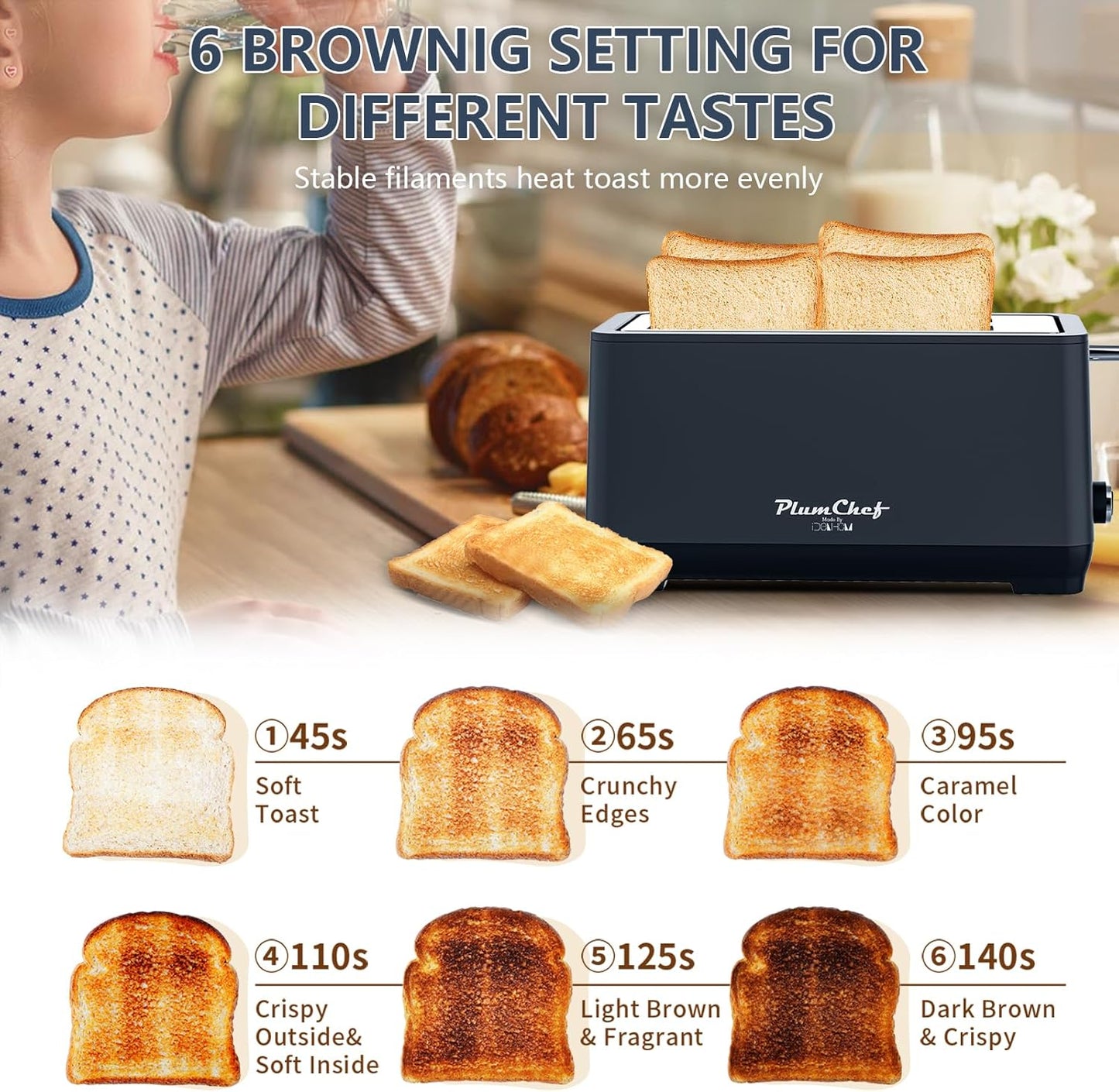 4-Slice Toaster, Extra Wide Long Slot Toaster with Warming Rack, 6 Browning Settings, Bagel/Defrost/Reheat Functions, Removable Crumb Tray, Stainless Steel Housing 1350W (1, Matte Blue)