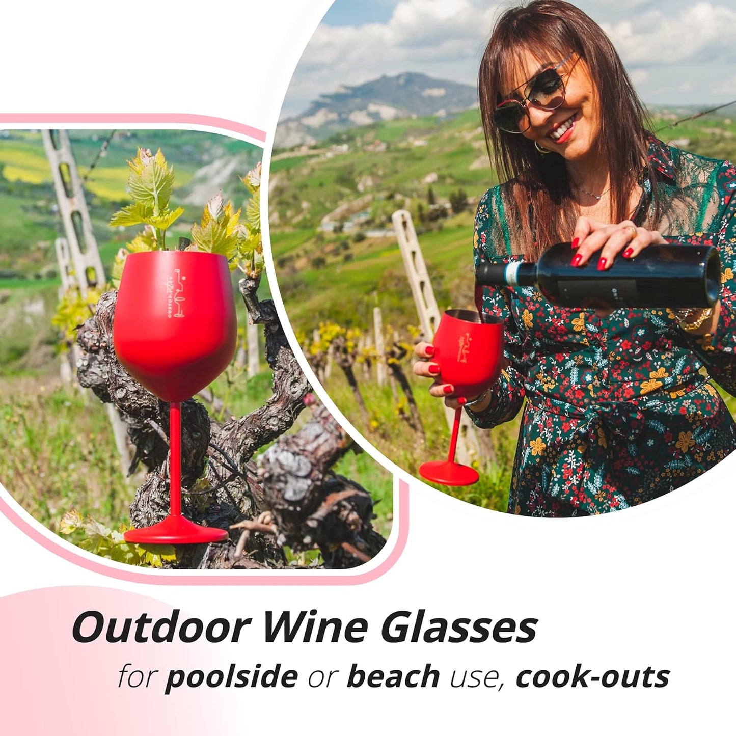 Gusto Nostro Stainless Steel Wine Glass - 18 oz - Cute, Red Unbreakable Wine Glasses for Travel, Camping and Pool - Fancy, Unique, Cool Portable Metal Wine Glass for Outdoor Events, Picnics (Set of 4)