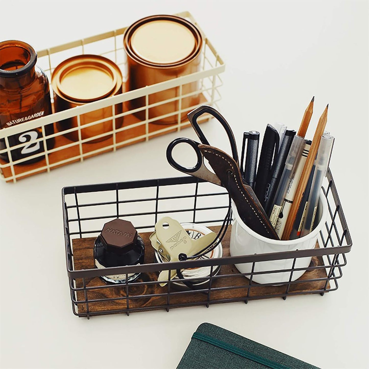 TIEYIPIN Small Metal Wire Storage Basket, Detachable Wood Base Storage Organizer Bin Basket for Kitchen Cabinets, Bathroom, Pantry, Garage, Laundry Room (Cream White, 4 Pack)