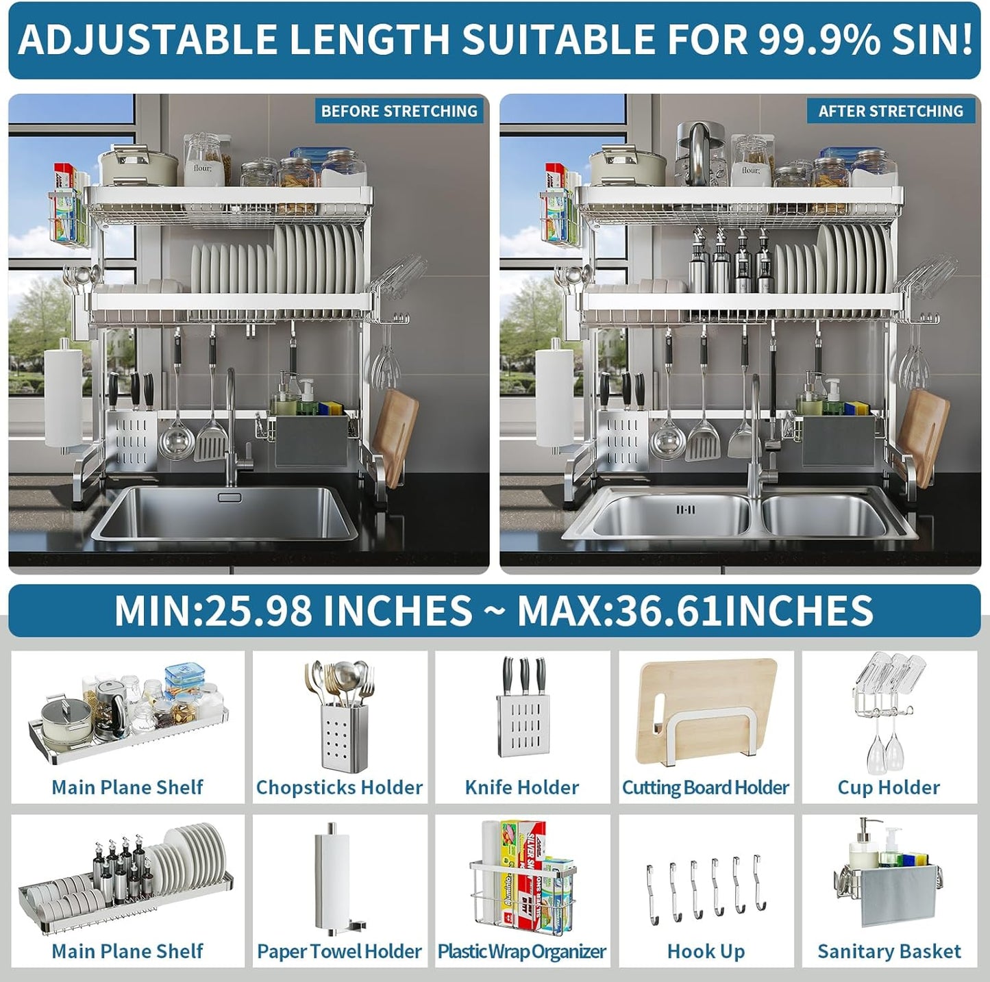 Over The Sink Dish Drying Rack,3 Tier Adjustable Length Full Stainless Steel Large Storage Kitchen Dish Rack,for Kitchen Counter Expandable Multifunctional Organizers,Silver (25.5'' to 37.6'')
