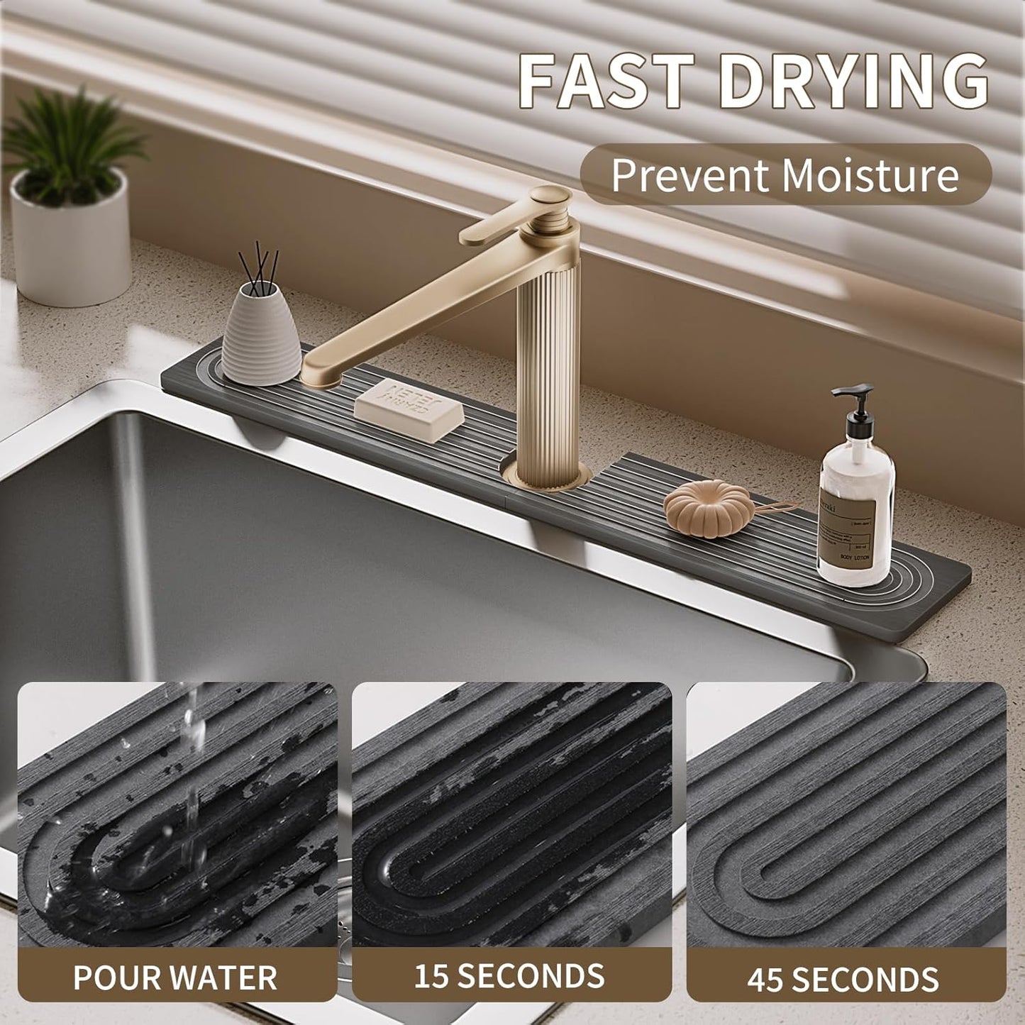 Faucet Mat for Kitchen Sink, Diatomite Stone Drying Sink Protectors, Bathroom Faucet Splash Guard, Quick Dry Water Absorbing, Non-Slip Stone Tray for Kitchen Counter, Grey, 23.6" x 3.9"