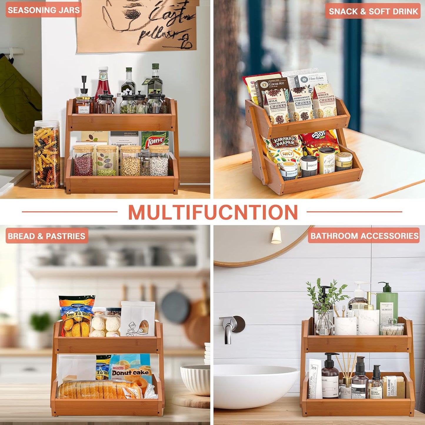 G.a HOMEFAVOR Fruit Basket for Kitchen, 2-Tier Fruit Bowl for Kitchen Counter, Vegetable Storage Stand for Fruit Shop, 15 mm Thickness, Brown