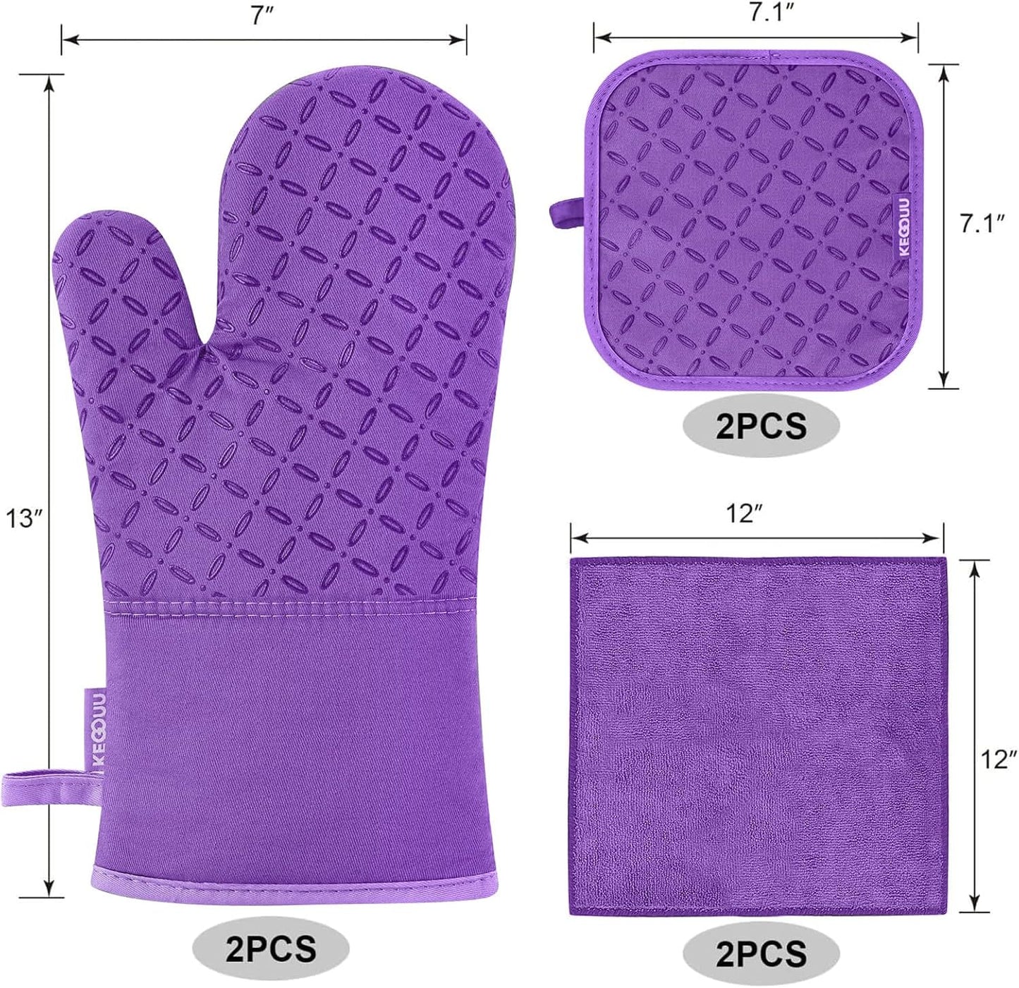 KEGOUU Oven Mitts and Pot Holders 6pcs Set, Kitchen Oven Glove High Heat Resistant 500 Degree Extra Long Oven Mitts and Potholder with Non-Slip Silicone Surface for Cooking (Purple)