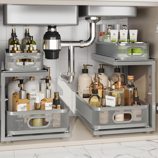 2 Pack 15.5IN-Depth Under Sink Organizer With Next-Gen Ball-Bearing Slides,2-Tier Precision Mesh Pull Out Cabinet Storage for Bathroom&Kitchen,Height Adjustable Drawers Shelf,Anti-rust-Grey
