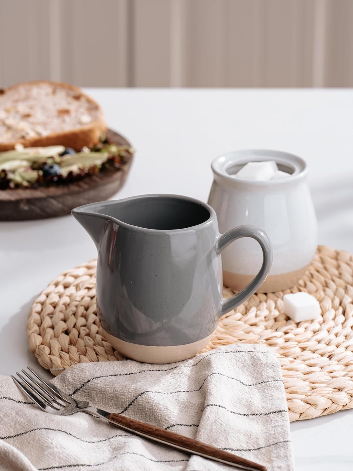 famiware Milkyway 13oz Creamer with Handle, Ceramic Coffee/Milk/Sauce/Serving/Salad Pitcher Jug, Stoneware Maple/Syrup Dispenser, Milk Frother Cup, Microwave and Dishwasher Safe, Dark Gray