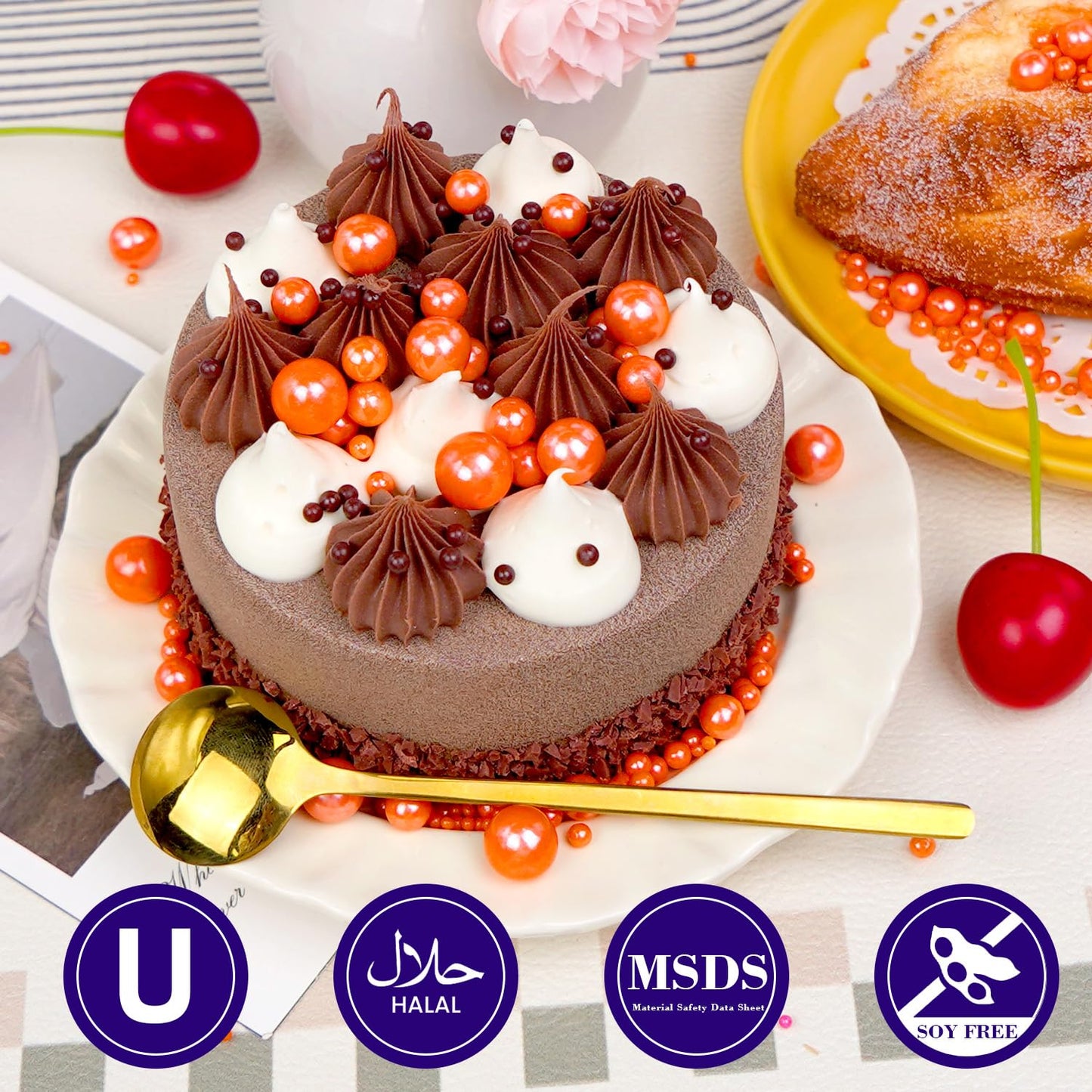 Edible Orange Pearl Sprinkles, Sugar Candy, 130g/4.58oz, Edible Orange Pearls Sprinkles for Cupcake Decorating, Cupcake Toppers, Cake Decorations