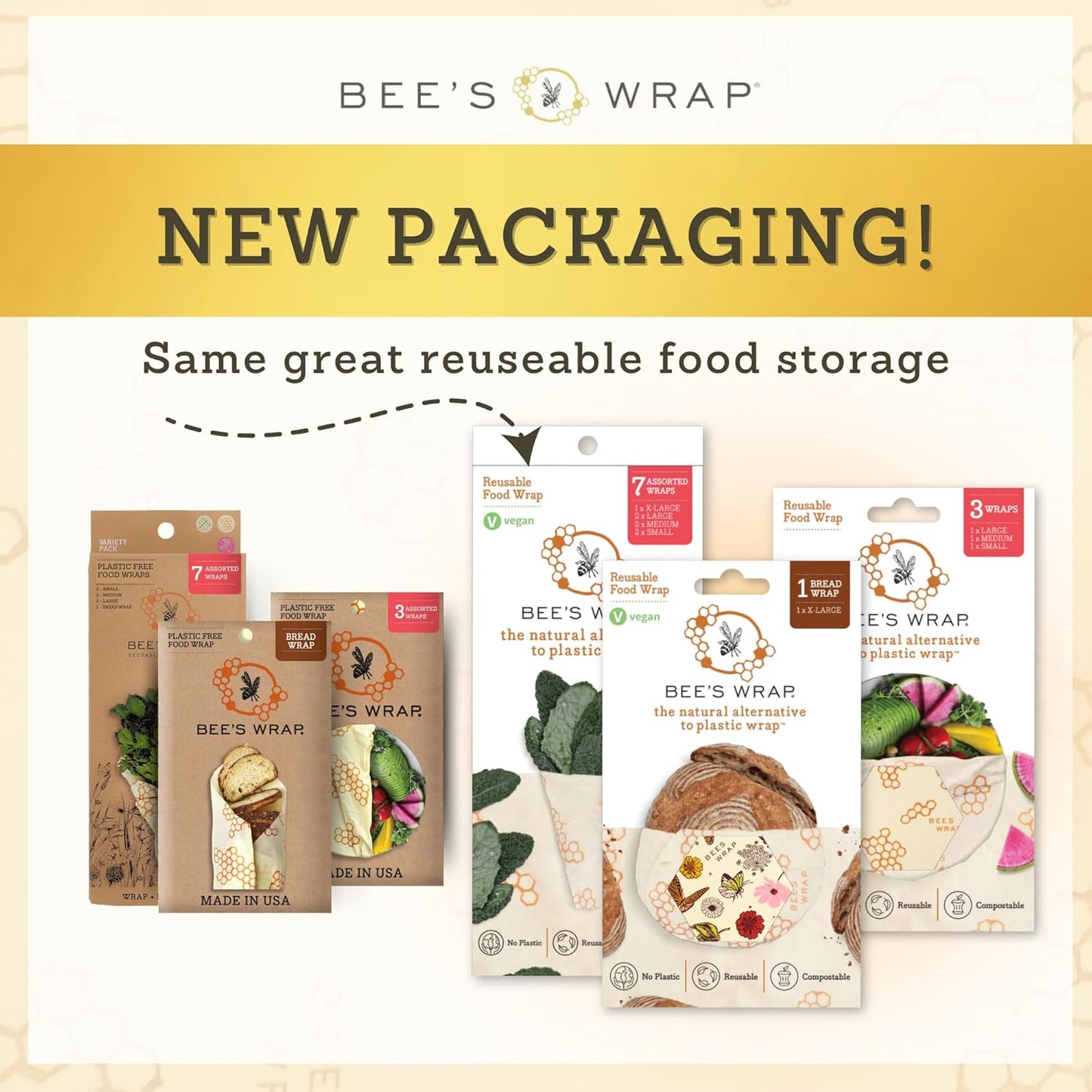Bee's Wrap Vegan Beeswax Wraps for Food - Vegan Herb Garden 3 Pack (S, M, L) Made in USA Reusable & Organic Food Wraps, Sandwich Wrap & Bowl Covers - Eco Alternative to Aluminum Foil & Plastic Wrap