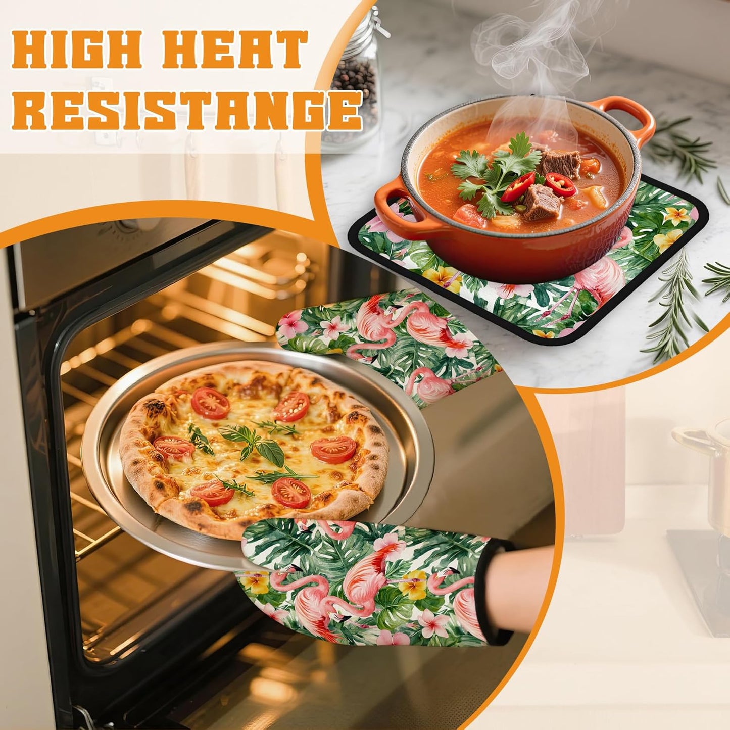 Palm Leaf Oven Mitts and Pot Holders Set,Flamingo Tropical Kitchen Oven Gloves and Pot Holder with Heat Resistant Non Slip for Cooking Baking Grilling(4 Piece Set)