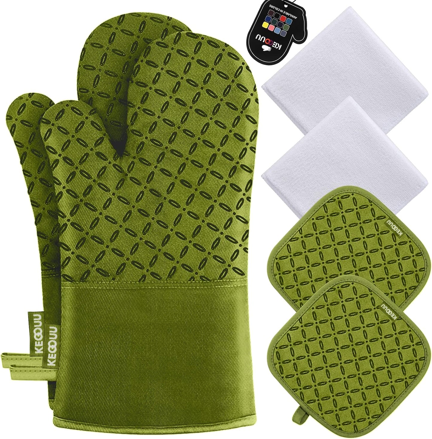 KEGOUU Oven Mitts and Pot Holders 6pcs Set, Kitchen Oven Glove High Heat Resistant 500 Degree Extra Long Oven Mitts and Potholder with Non-Slip Silicone Surface for Cooking (Olive Drab)