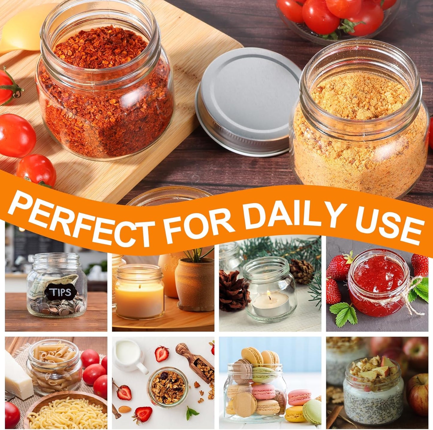 6 Pack Small Mason Jars with Labels, 8 oz Glass Jars with Airtight Lids, Half Pint Canning Jars for Jelly, Jam, Honey, Pickles, Spice, Overnight Oats, Food Storage, Candle & DIY Present