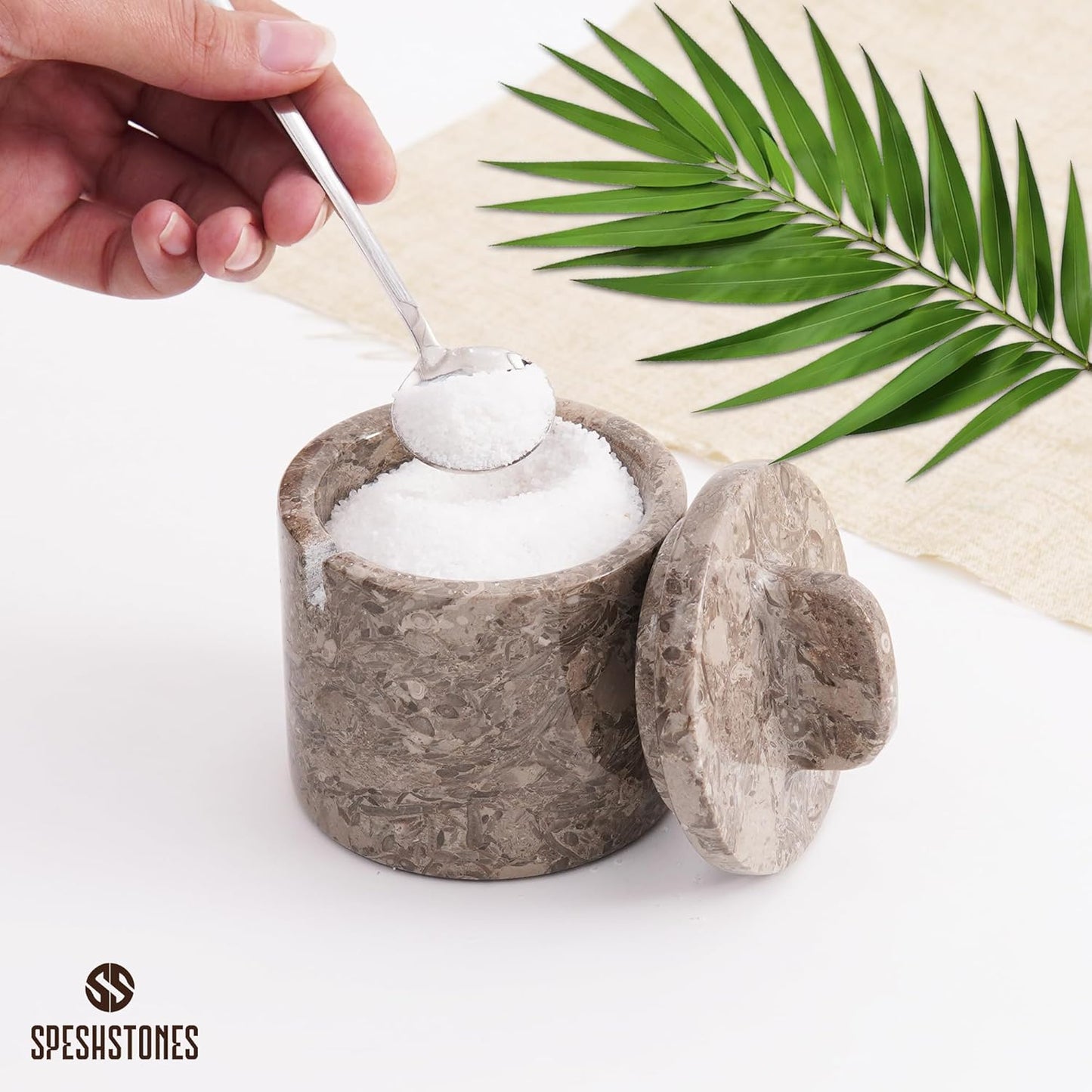 Marble Salt Cellar with Lid and Spoon 4 Inch Oceanic Handmade Spice Jars for Kitchen Storage - Flaky Salt Holder, Decorative Sugar Bowl & Small Seasoning Containers for Countertop Decor