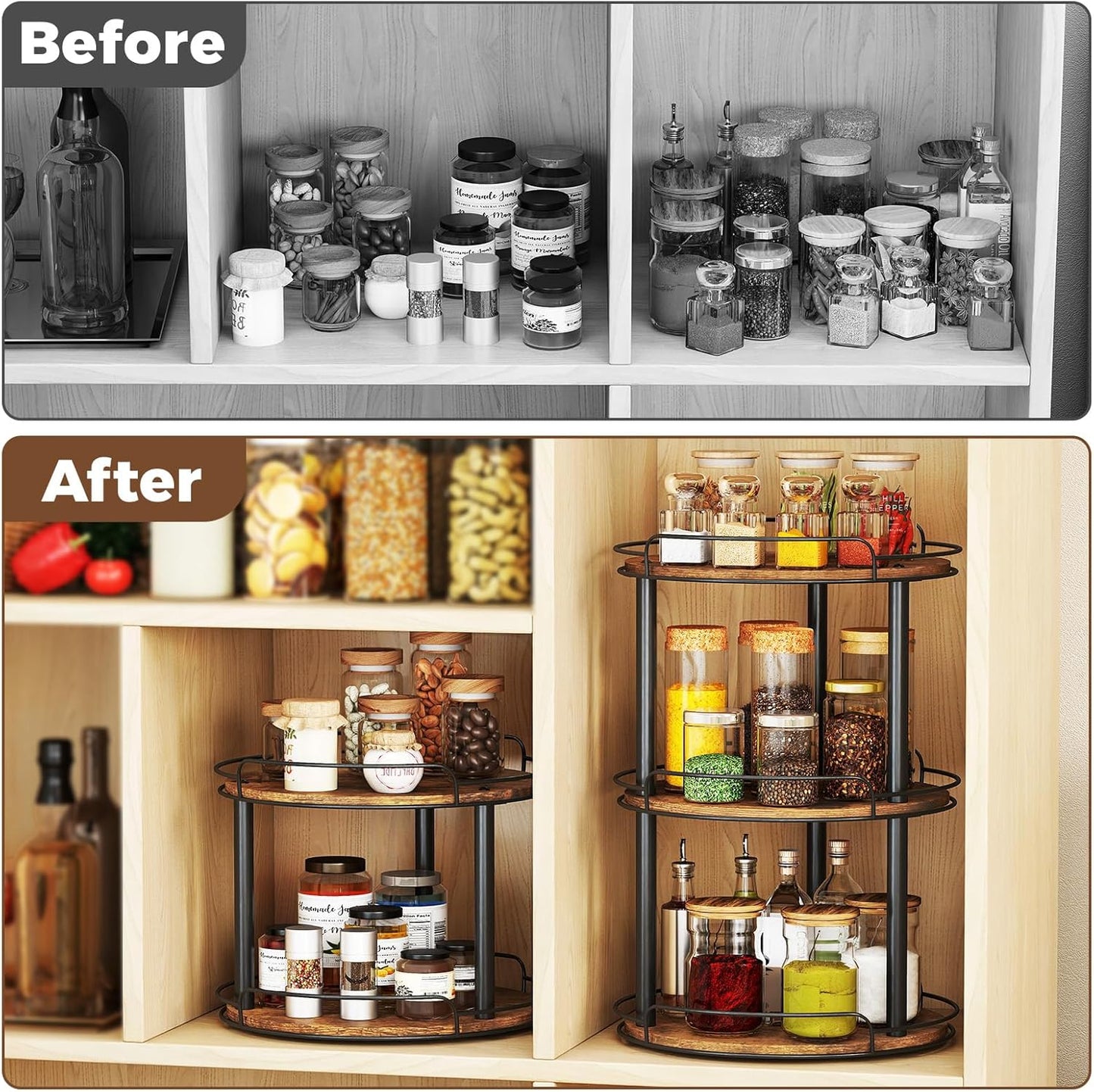 LAMU 12.2'' Wood Lazy Susan Turntable Organizer for Cabinet, 2 Tier Lazy Susan Spice Rack Organizer for Kitchen, Table Top, Countertop, Pantry, Bathroom