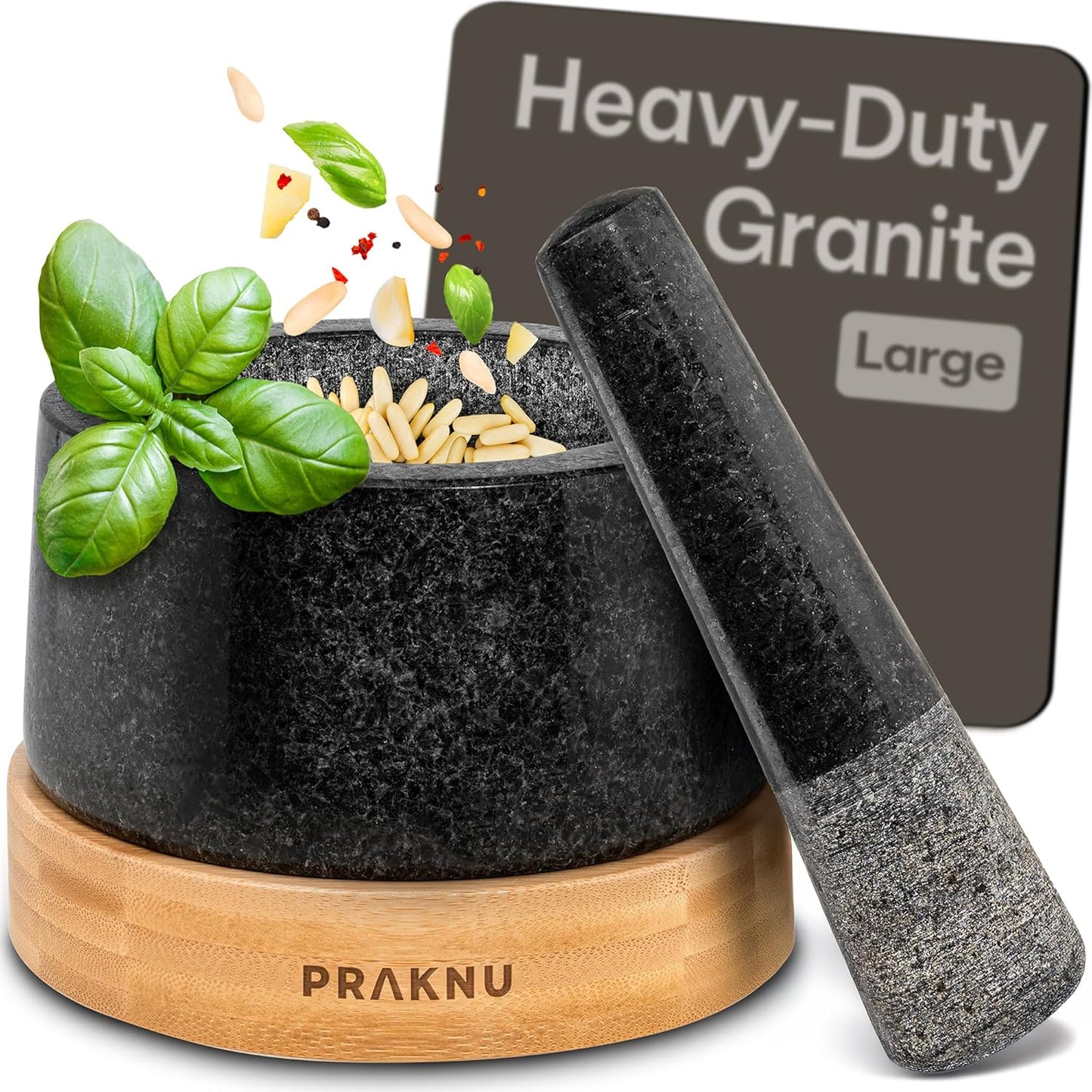 Mortar and Pestle Set Large 2 Cup - Heavy-Duty Stone Grinder for Spices, Herbs & Guacamole - Durable Granite - Non-Slip Wooden Base - Effortless Grinding & Easy to Clean