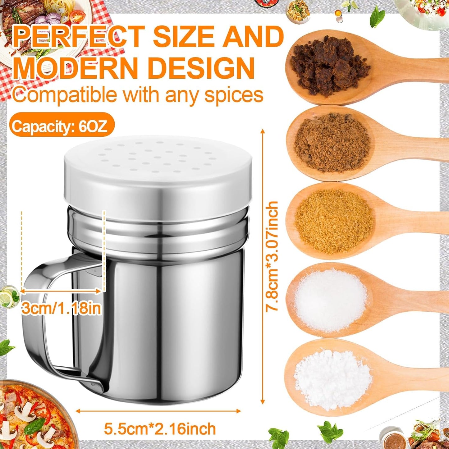 Lallisa 6 Pcs Stainless Steel Salt and Pepper Shakers with Lid and Handle Dredge Spice Seasoning Condiment Popcorn Salt Shaker Powder Sugar Flour for Cooking Kitchen Baking (6oz)