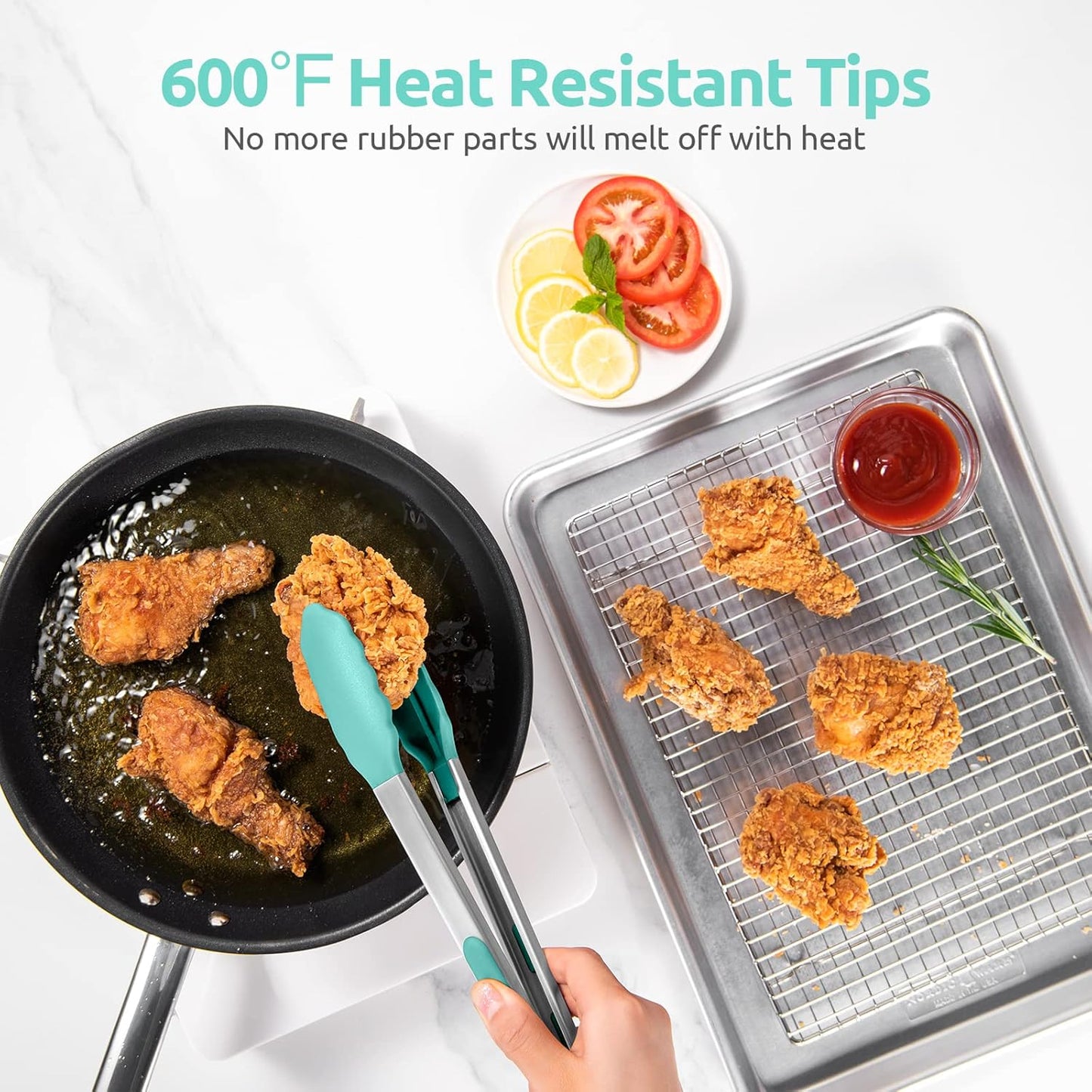 600ºF Heat Resistant Kitchen Tongs: U-Taste 9+12 inch Silicone Cooking Tong Set with Firm Sealed Non Stick Rubber Tips and Silicon Coated 18/8 Stainless Steel Handle for Serving Grilling (Aqua Sky)