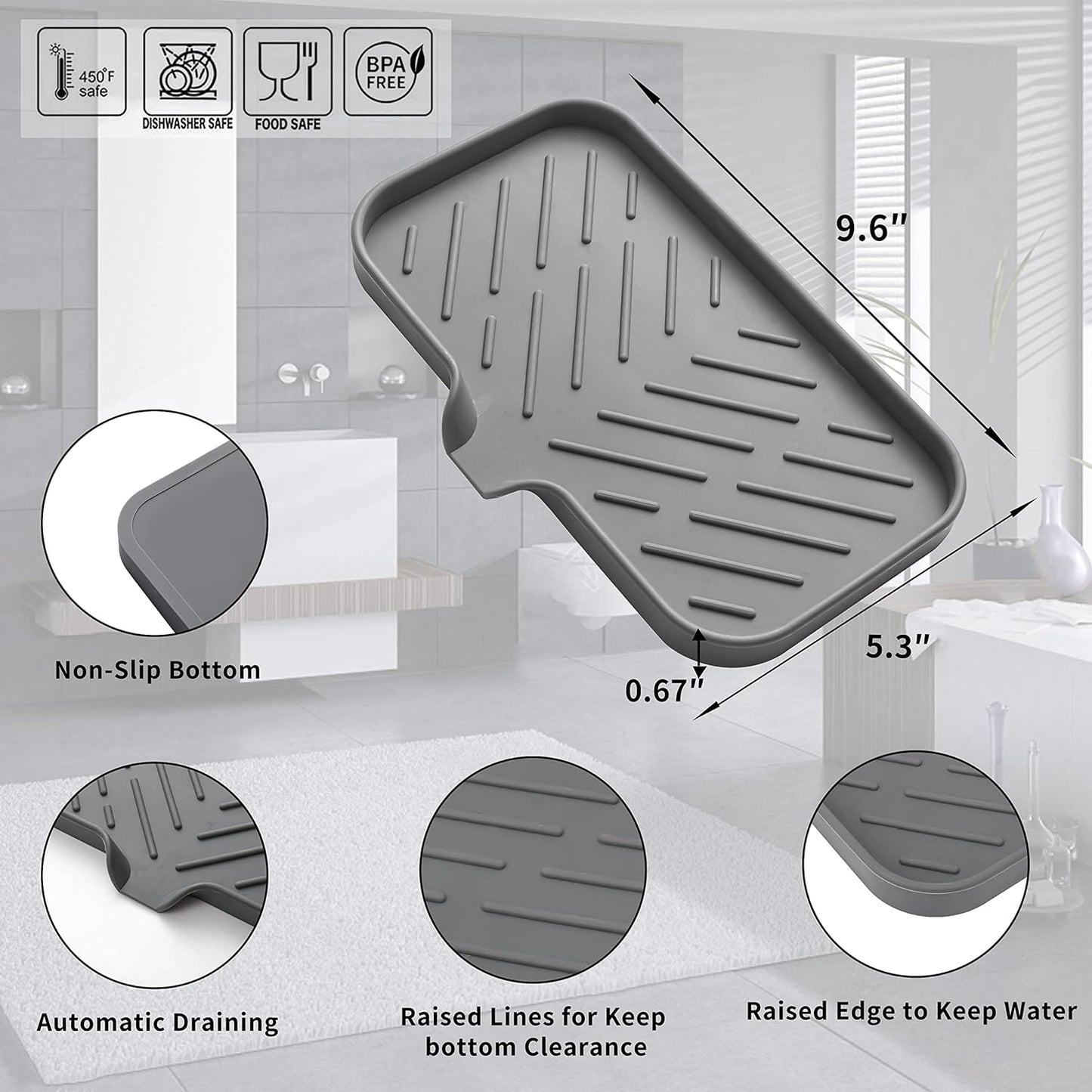Silicone Bathroom Soap Dishes with Drain Spout-Bathroom and Kitchen Sink Organizer,Sponge Holder,Dish Soap Tray,Perfect for Dispenser,Scrubber,Bottle,Cup on Sink or Counter-Grey 9.6"×5.3"