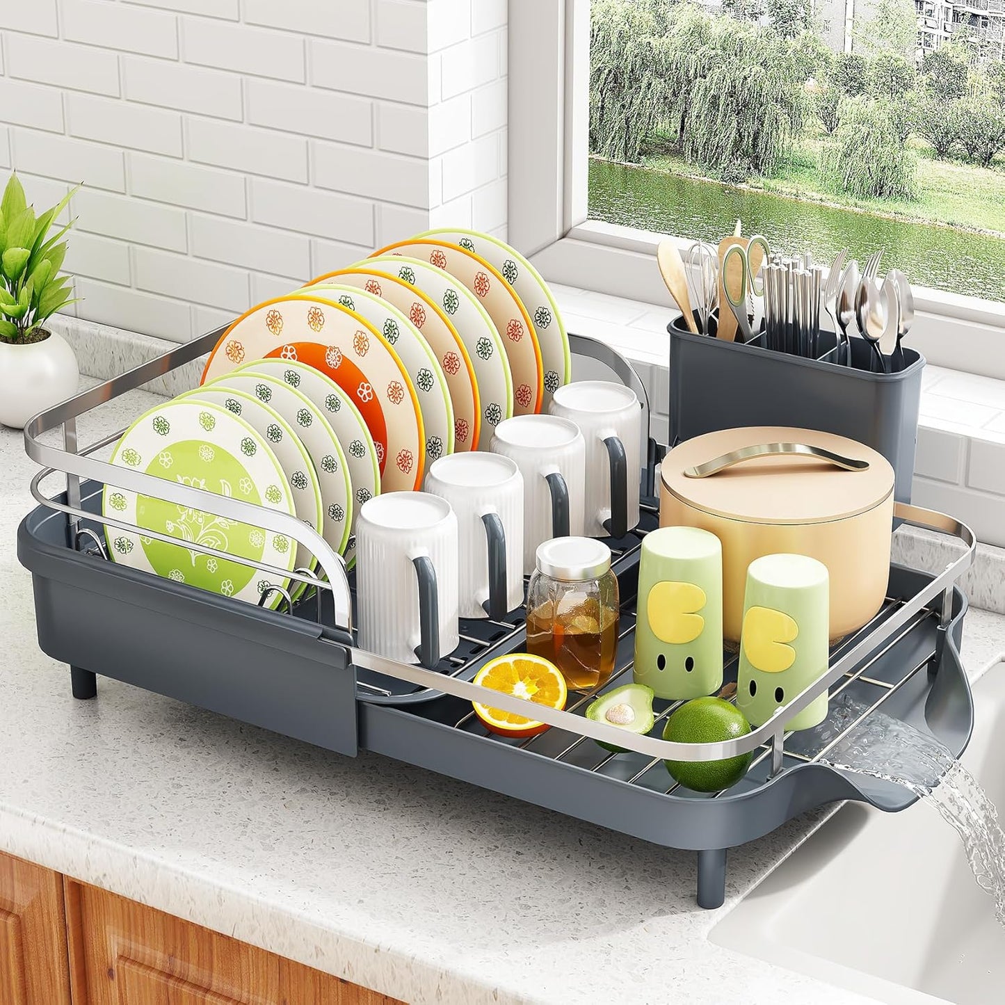 SAYZH Dish Drying Rack - Expandable Dish Rack for Kitchen Counter, Rust-Resistant Dish Drainer with Utensil Holder and Raised Guardrail, Kitchen Organizer for Cup and Bottle (Grey)
