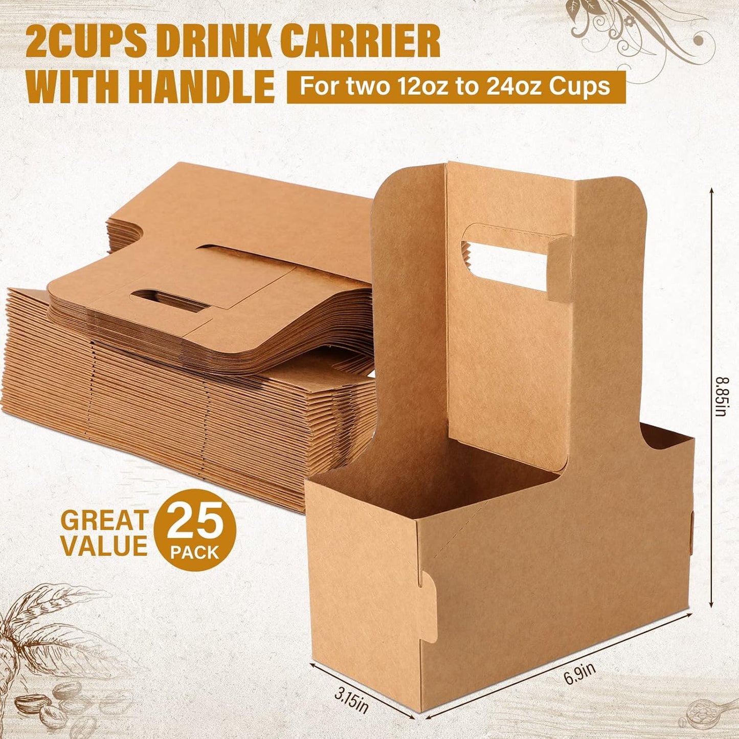 Nuogo 50 Pack 2 Cup Drink Carrier Handled Drink Carrier Holder Disposable Cup Holder Paper Cup with Handle Take Out to Go Coffee for Restaurants Food Delivery