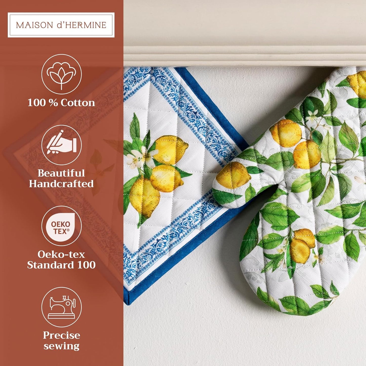 Maison d' Hermine 100% Cotton Oven Mitt & Pot Holder Set (7.5"x13" & 8"x8") Heat Resistant BBQ Cooking Gloves with Loop, Baking, Grilling, Kitchen, Handling Hot Pans Spring/Summer (Cedrat)