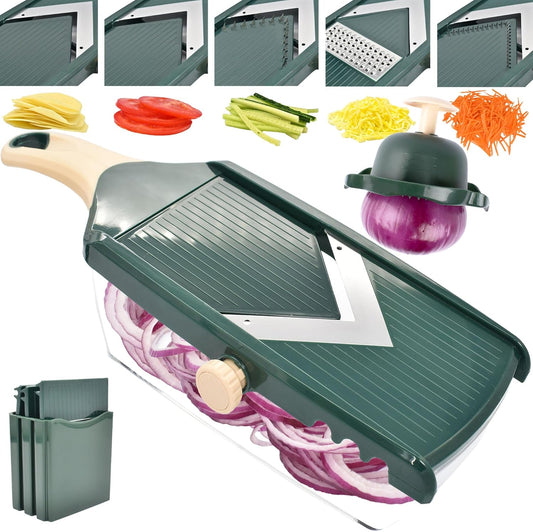 Adjustable Mandoline Slicer for Kitchen - Ultra Sharp V-Blade with Container, Julienning Slicer for Potatoes, Apples, Onions, Tomatoes