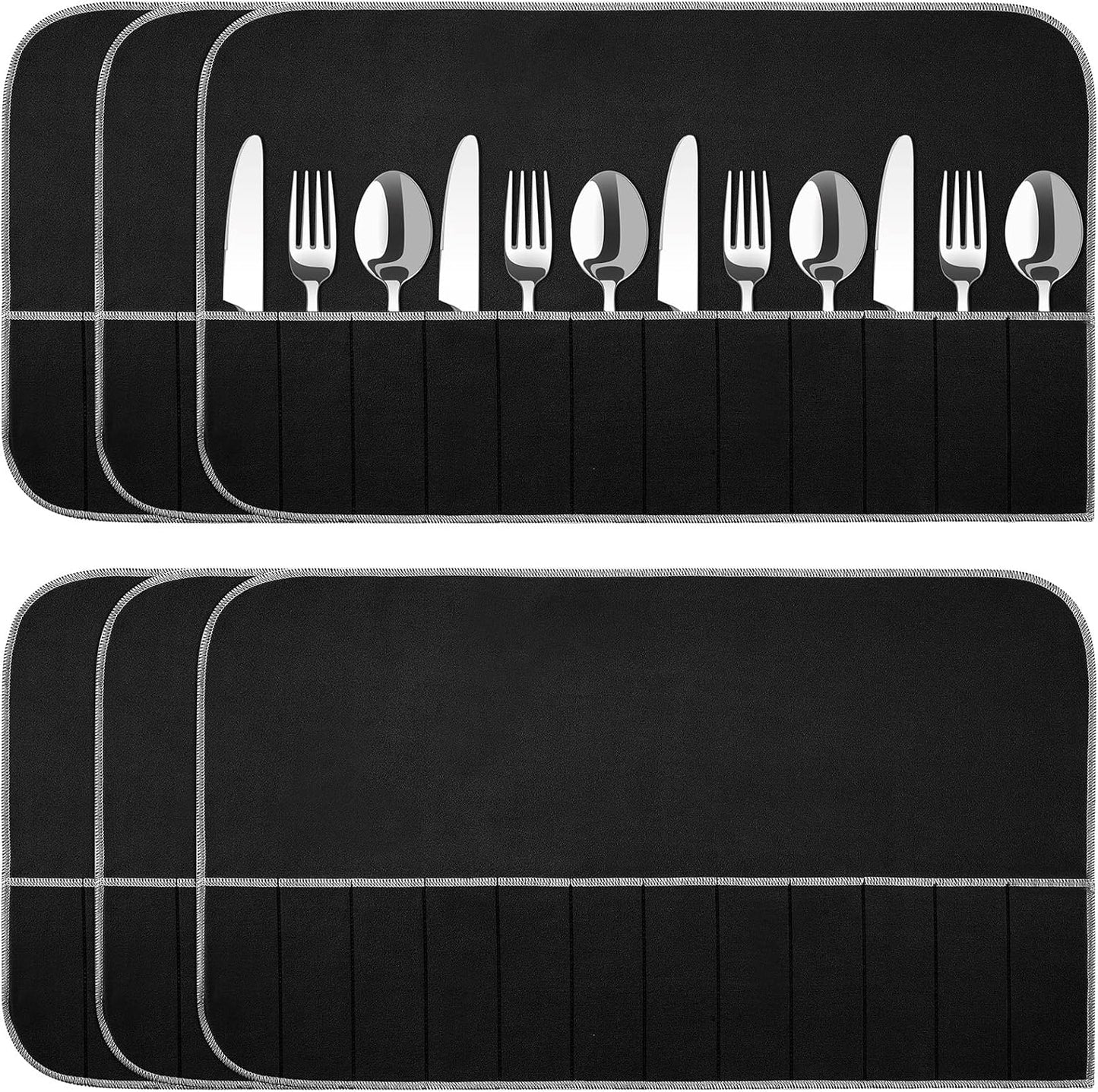 Hillban 6 Pcs Anti Tarnish Silver Storage Bags Silver Storage Cloth Felt Flatware Organizer Anti Tarnish Protector Bags Place Setting Roll with White Ribbon for Kitchen Cutlery Utensils (Black)