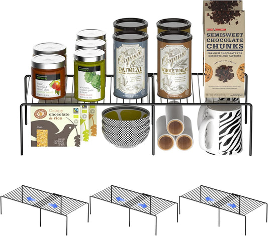 Redrubbit Cabinet Storage Shelf Rack, 8 Piece Expandable Metal Rustproof Kitchen Counter and Cabinet Shelf, Storage Rack Organizer Space Saver for Kitchen, Fridge, Cabinet, Bathroom, Black, Set of 4