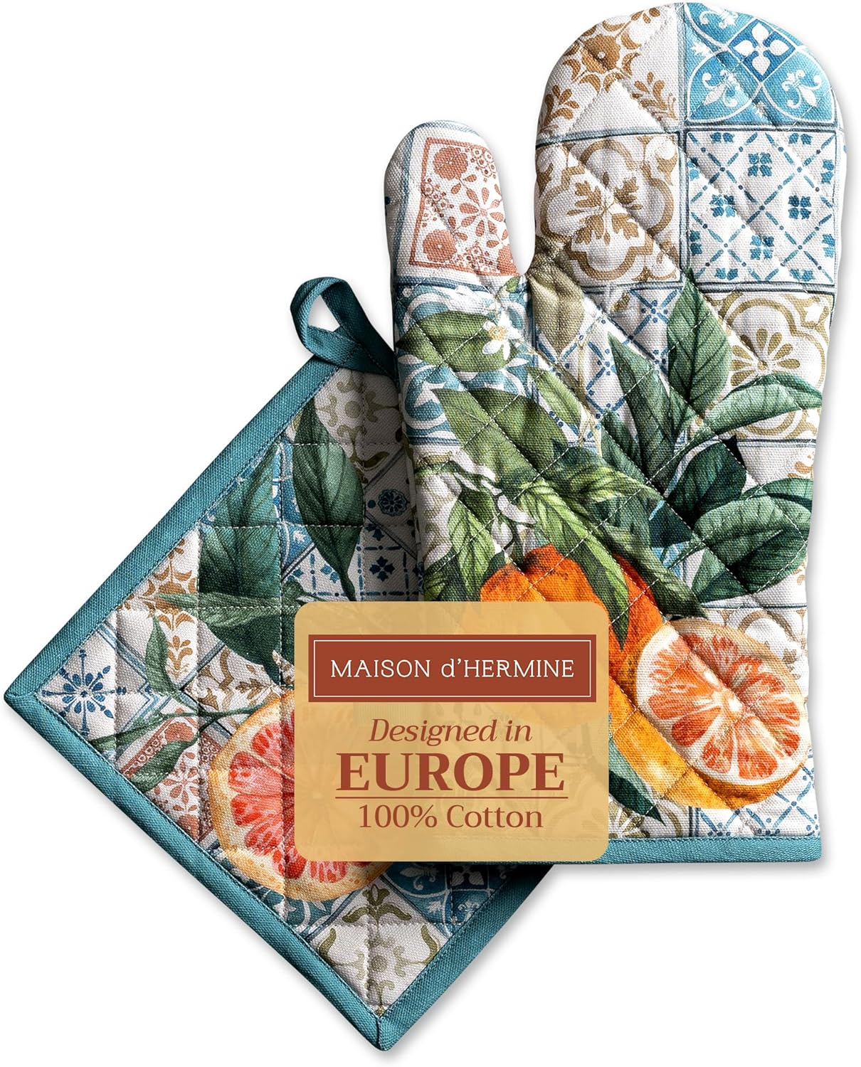 Maison d' Hermine 100% Cotton Oven Mitt & Pot Holder Set (7.5"x13" & 8"x8") Heat Resistant BBQ Cooking Gloves with Loop, Baking, Grilling, Kitchen, Handling Hot Pans Spring/Summer (Agrume)