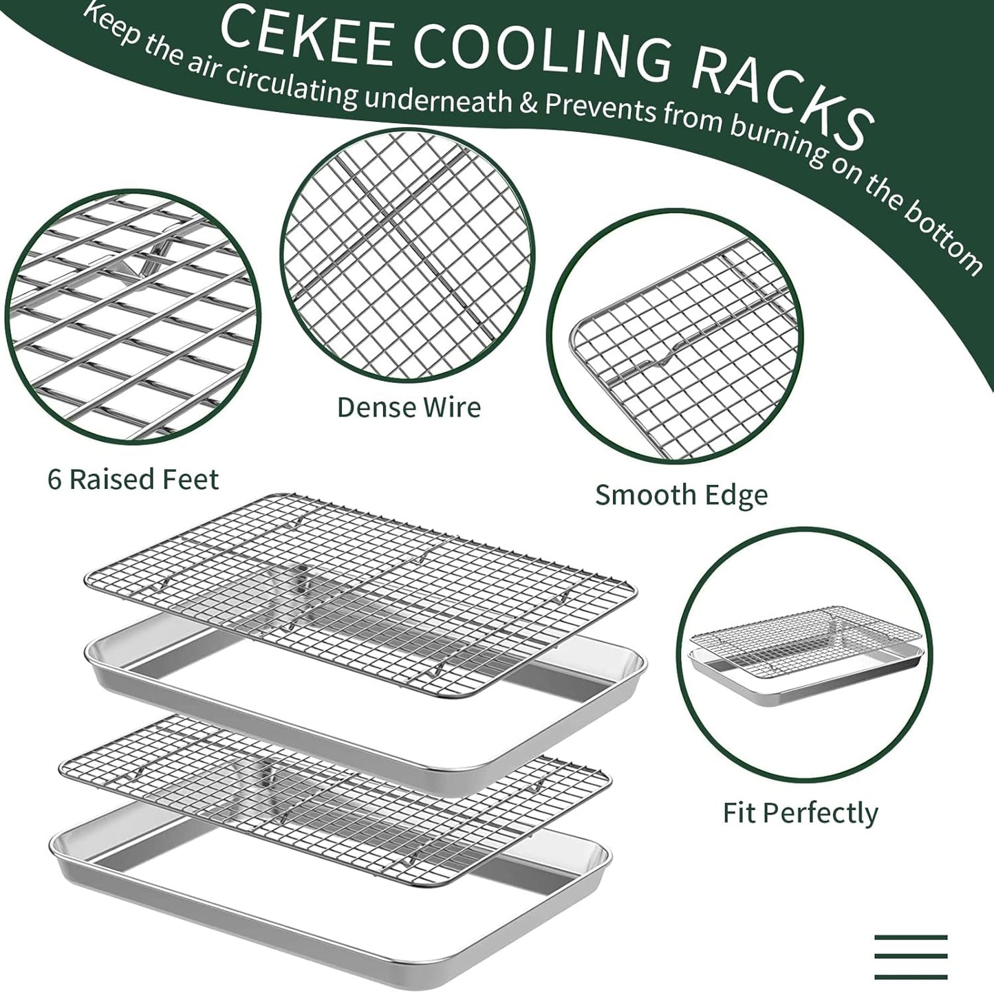 Jelly Roll Pan with Cooling Rack Set [2 Baking Pans + 2 Baking Racks], CEKEE Stainless Steel Baking Sheet Tray with Wire Rack Set, Commercial Quality, Rust Proof & Nonstick, Size 15.94 x 12 x 1 Inch