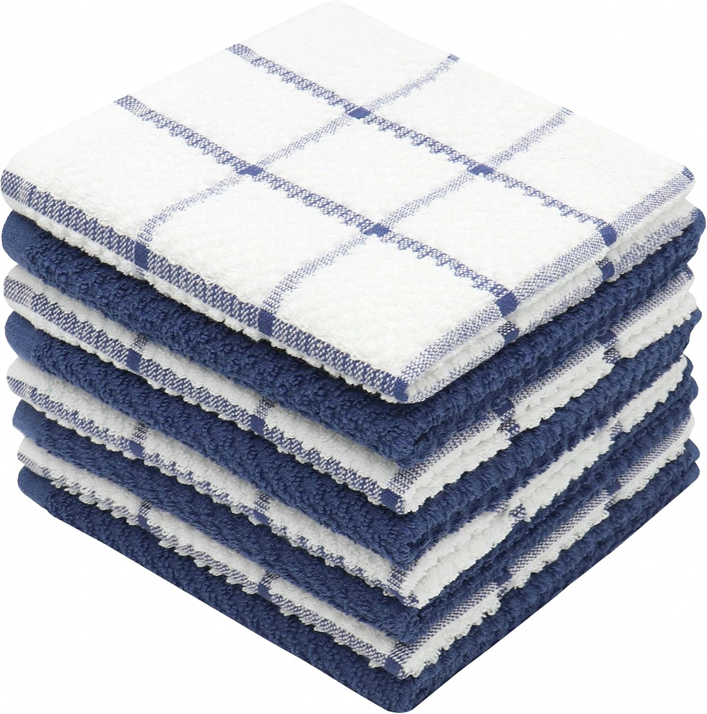Cotton Grid Dish Cloths, Terry Cleaning Rags, 12 x 12 Inches, Light and Soft, Quick Drying Dish Rags, 8pc/Set (Blue Multi)