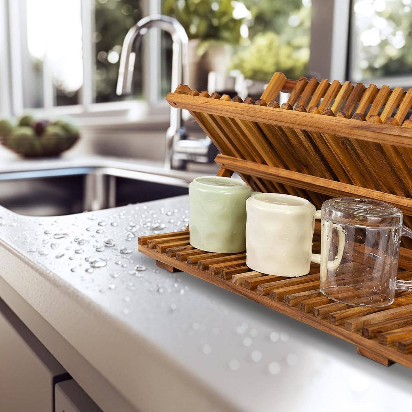 Utoplike 3 Tier Collapsible Teak Wood Dish Drying Rack, Foldable Large Capacity Dish Draine, Space-Saving Countertop Kitchen Organizer for Plates, Cups