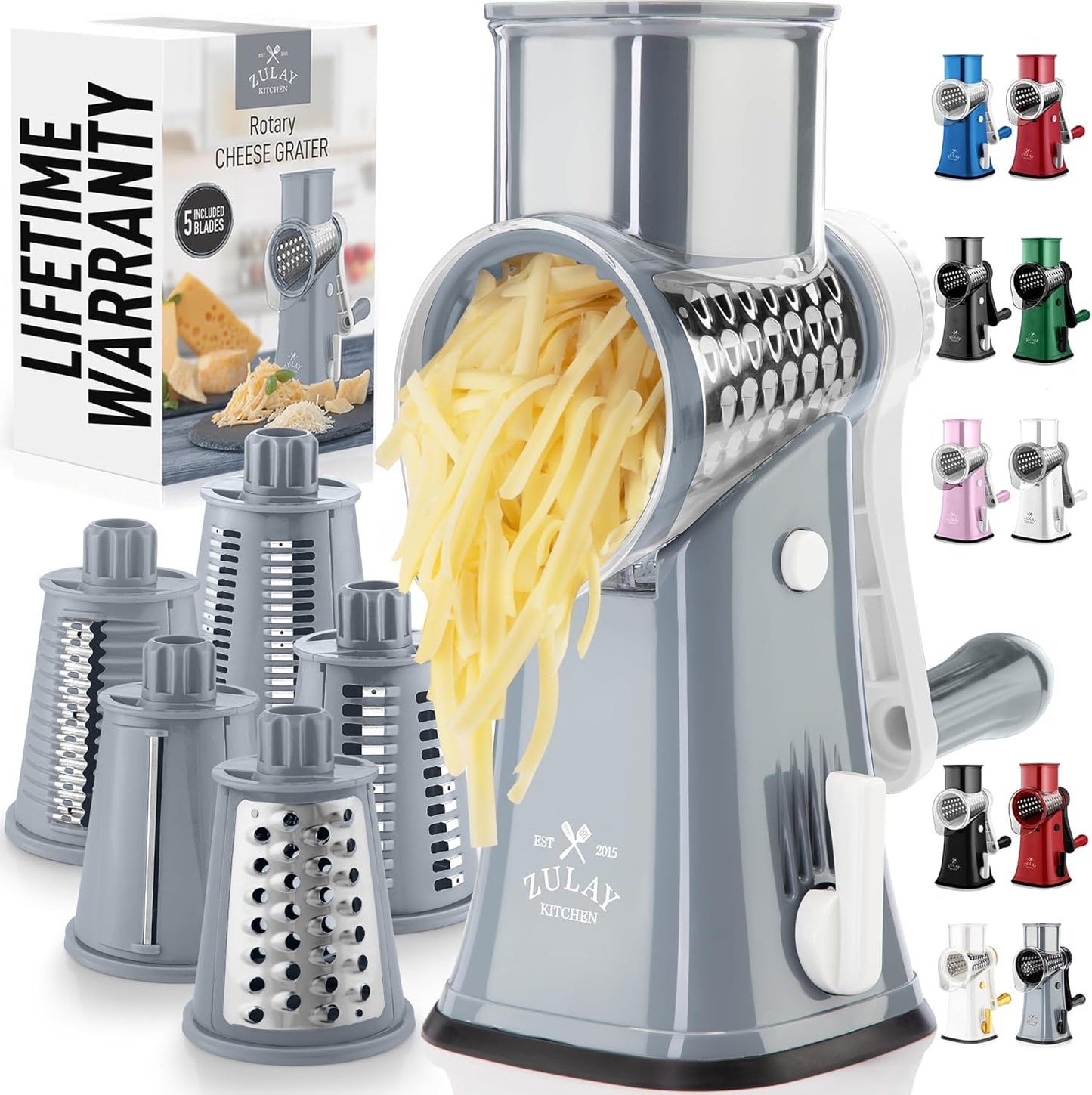 Zulay Kitchen Rotary Cheese Grater 5 Blade Cheese Shredder - Manual Hand Crank Cheese Grater With Reinforced Suction & 5 Interchangeable Drums - Easy to Use, Vegetable Chopper Round Mandoline Slicer