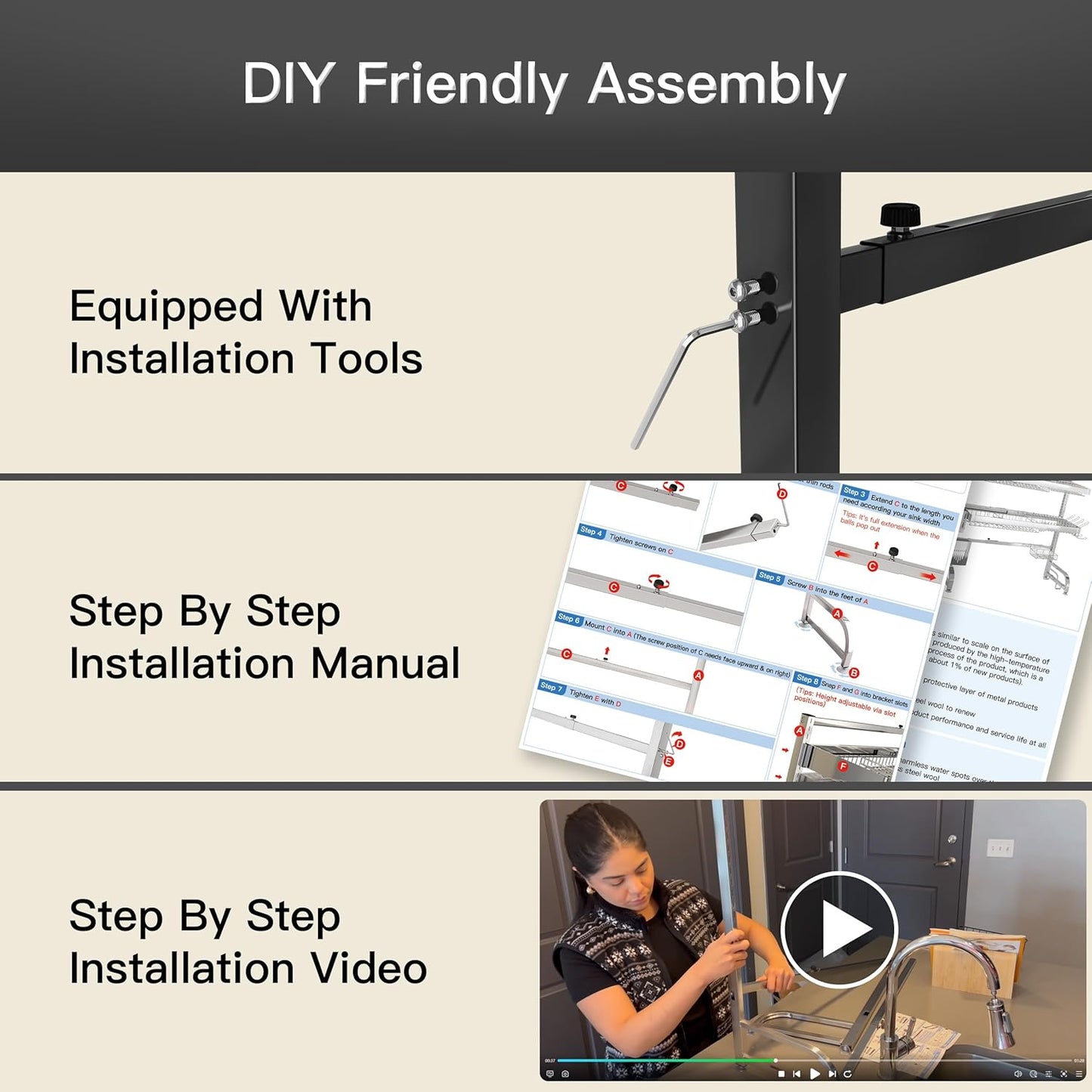 3 Tier Extra Large Stainless Steel Expandable Over The Sink Dish Drainer Drying Rack, Rust Proof Metal, Space Saving, Modern Black Big Capacity Extendable Plate Strainers Above Kitchen Counter