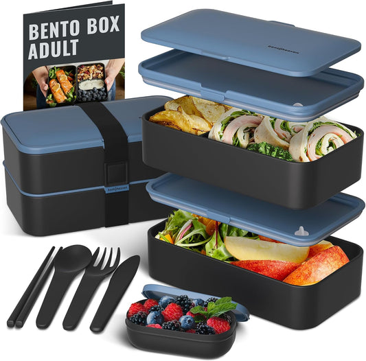 Bentoheaven Premium Bento Box Adult Lunch Box with Compartments for Women & Men, Set of Utensil & Chopsticks & Dip Container, Cute Japanese Kids Bento Lunch Box, Microwavable (Steel My Heart)