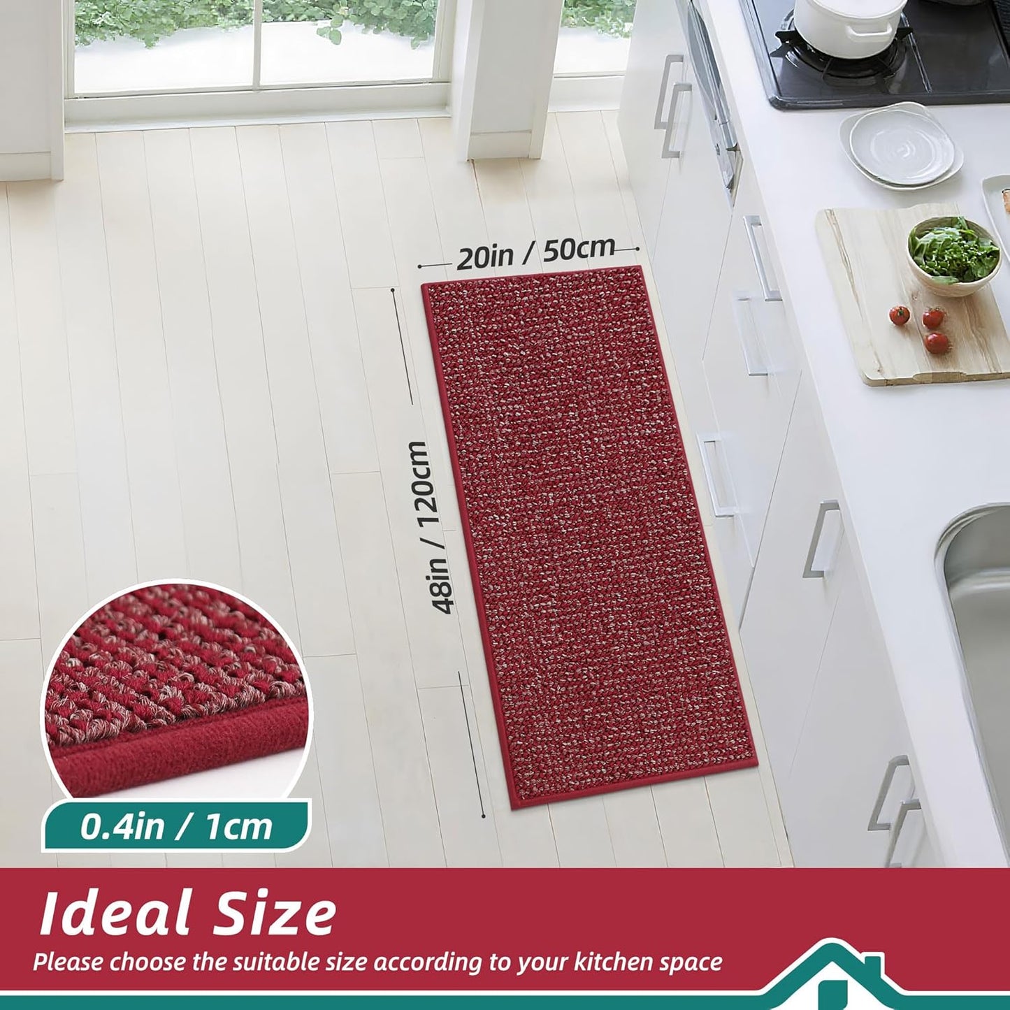 BEQHAUSE Kitchen Runner Rugs 20"x48", Non-Slip Kitchen Mats for Floor, Super Absorbent and Stain Resistant Kitchen Rug, Machine Washable Rugs for Kitchen, Hallway, Laundry & Sink, Red