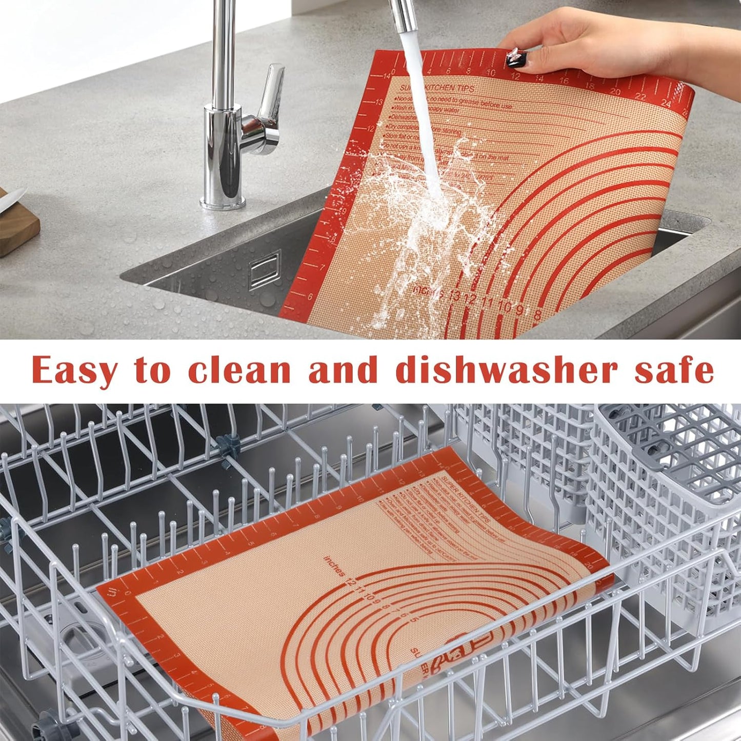 Extra Thick Silicone Pastry Mat Large for NonStick Silicone Baking Mat with Measurement，for Kneading, Fondant/Counter Pad, Dough Rolling, Silicon Cookie Sheet, Pie Crust Bake(16×24, Red)