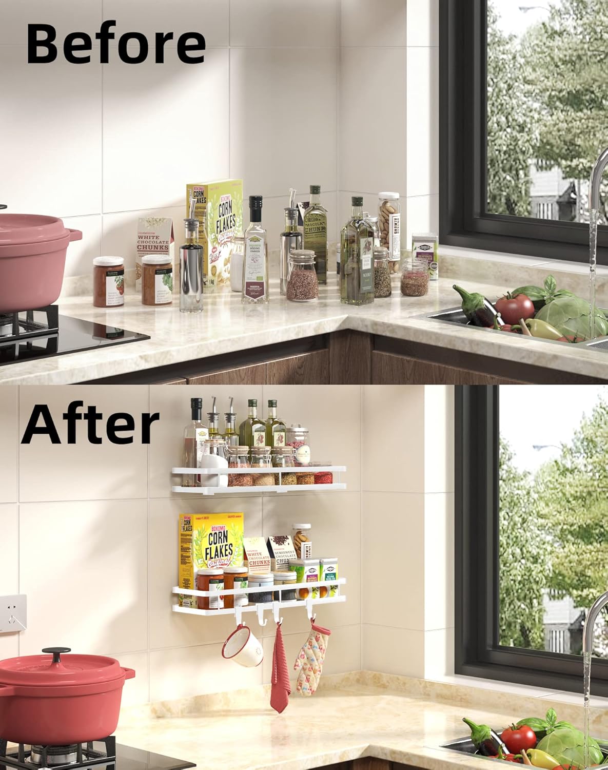 Spice Rack Organizer Wall Mount - 15.7in 2Pack [Upgraded Version] Hanging Seasoning Organizer Shelf with Paper Towel Holder, Storage for Cabinet or Wall Mounted with 4 Strong Hooks (Rice white)