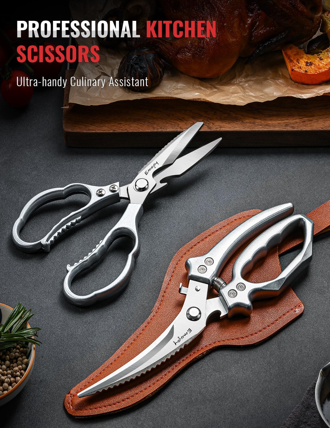 Emojoy 3-Piece Kitchen Scissors Set with Poultry Shears, Japanese Stainless Steel Kitchen Shear, All Purpose Scissor for Food, Chicken Bones, Dishwasher Safe