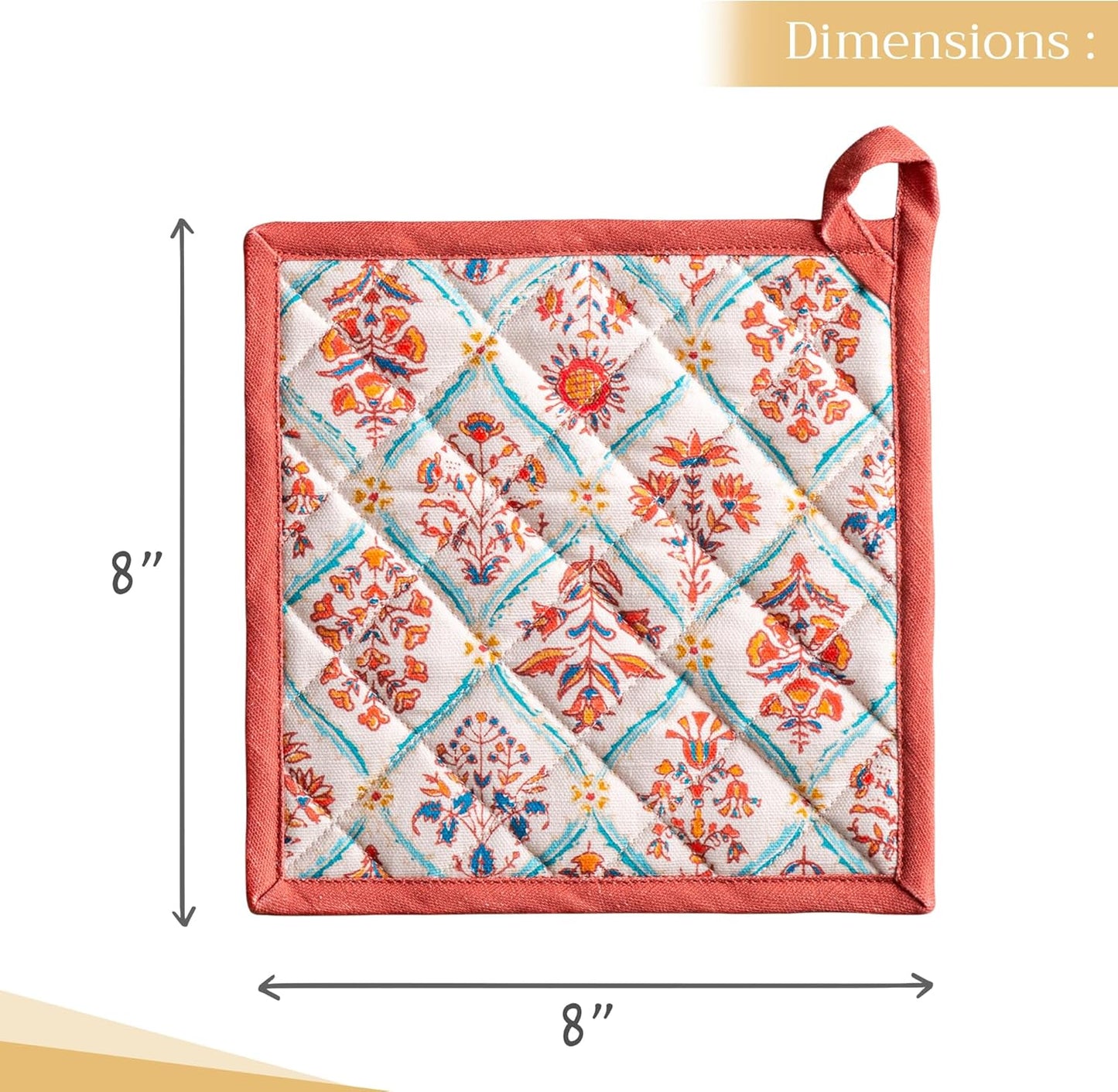 Maison d' Hermine Pot Holders Set 100% Cotton Heat Resistant Potholders 8" x 8" Hot Pads with Loop BBQ, Cooking, Baking, Grilling, Kitchen, Handling Hot Pans (Pack of 2, Romane)