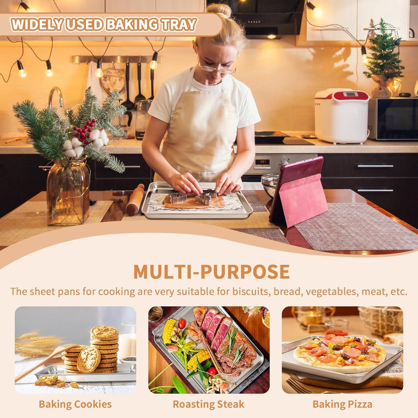 Stainless Steel Baking Sheet Set of 2, Deedro Cookie Sheet Metal Baking Pan Oven Tray, Non Toxic & Heavy Duty, Rust Free & Mirror Finish, Easy Clean & Dishwasher Safe, 10 x 8 x 1 Inch