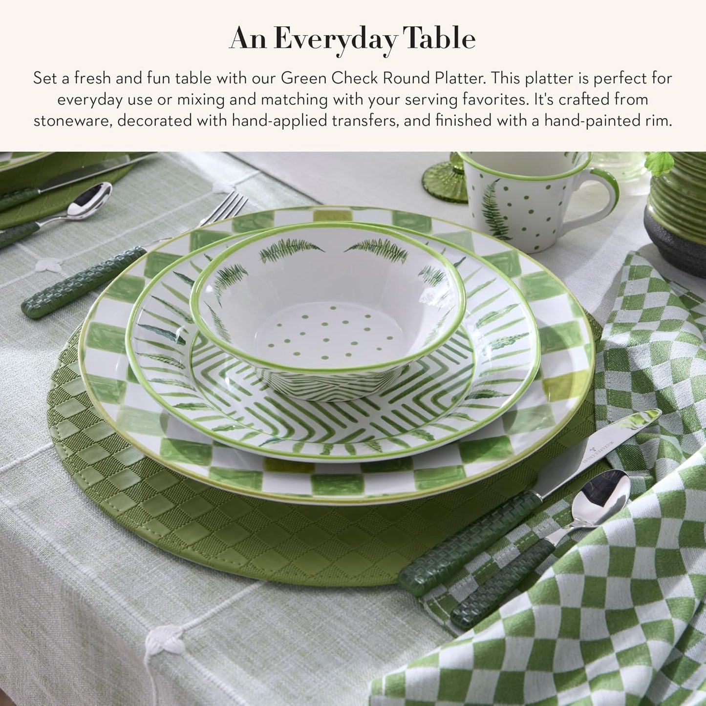 MACKENZIE-CHILDS Round Platter, Dishwasher-Safe and Microwave-Safe Stoneware Serving Platter, Green Check