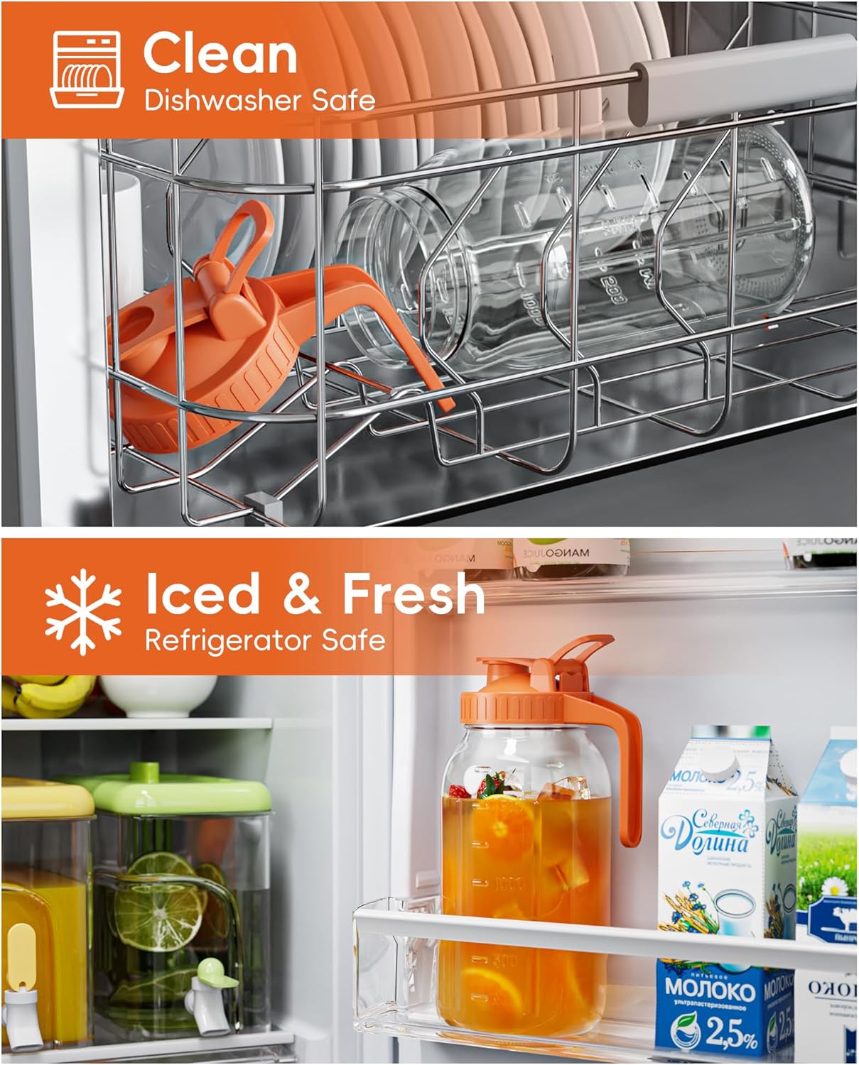 Glass Pitcher with Airtight Lid and Spout, 64oz Glass Mason Jar | Wide Mouth | Leakproof | Water Jug for Juice, Sun Iced Tea, Cold Brew Coffee, Milk Storage, Orange