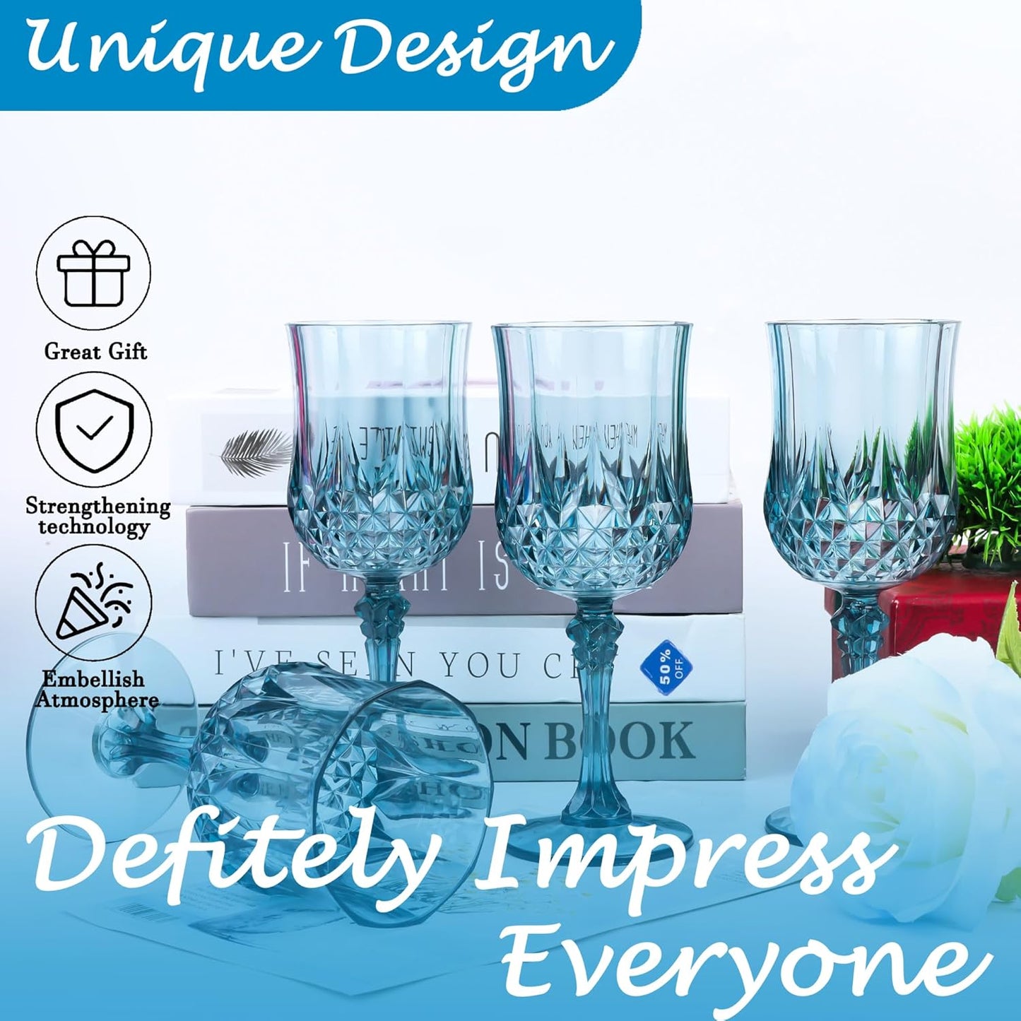 Plastic Wine Glasses，Plastic Goblets Vintage Style Cordial Drinking Glasses for Wedding Reception, Grand Event Party Supplies (48, Dusty Blue)