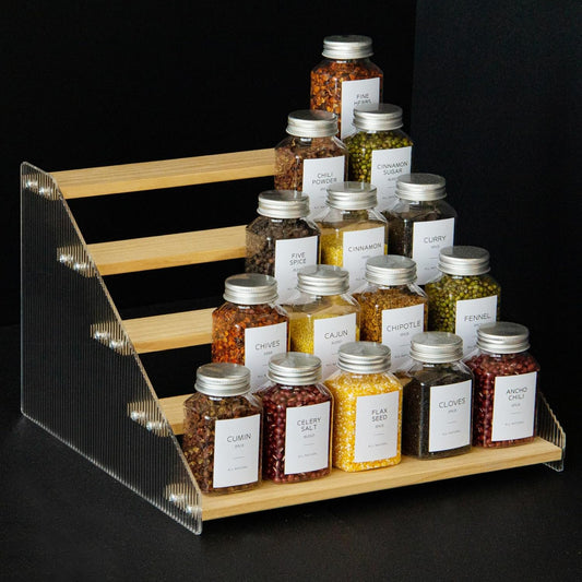 nianfeng Tiered Spice Rack, 5-Tier Spice Pantry Kitchen Cabinet Organizer, 12-Inch, Natural Wood Acrylic Stair Riser Stand, Countertop Seasoning Shelf