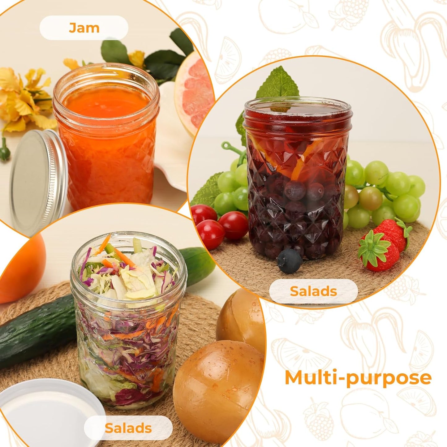 Eathtek 16oz Wide Mouth Glass Mason Jars 12 Pack, 480 ml Glass Canning Jars with Airtight Lids, Ideal for Salad, Meal Prep, Perserving,Pickling, Jam, Honey With Lids