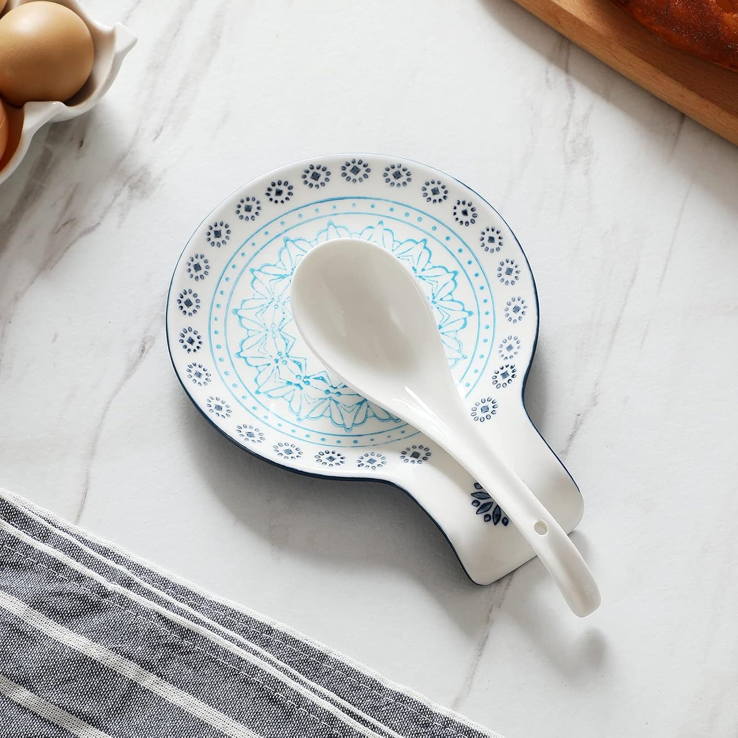 Hand Painted Spoon Rest, 5.5" Ceramic Spoon Holder for Stove Top and Kitchen Counter, Blue Pattern Utensil Rest, Great Cooking Gifts for Friends, Modern Kitchen Decorative