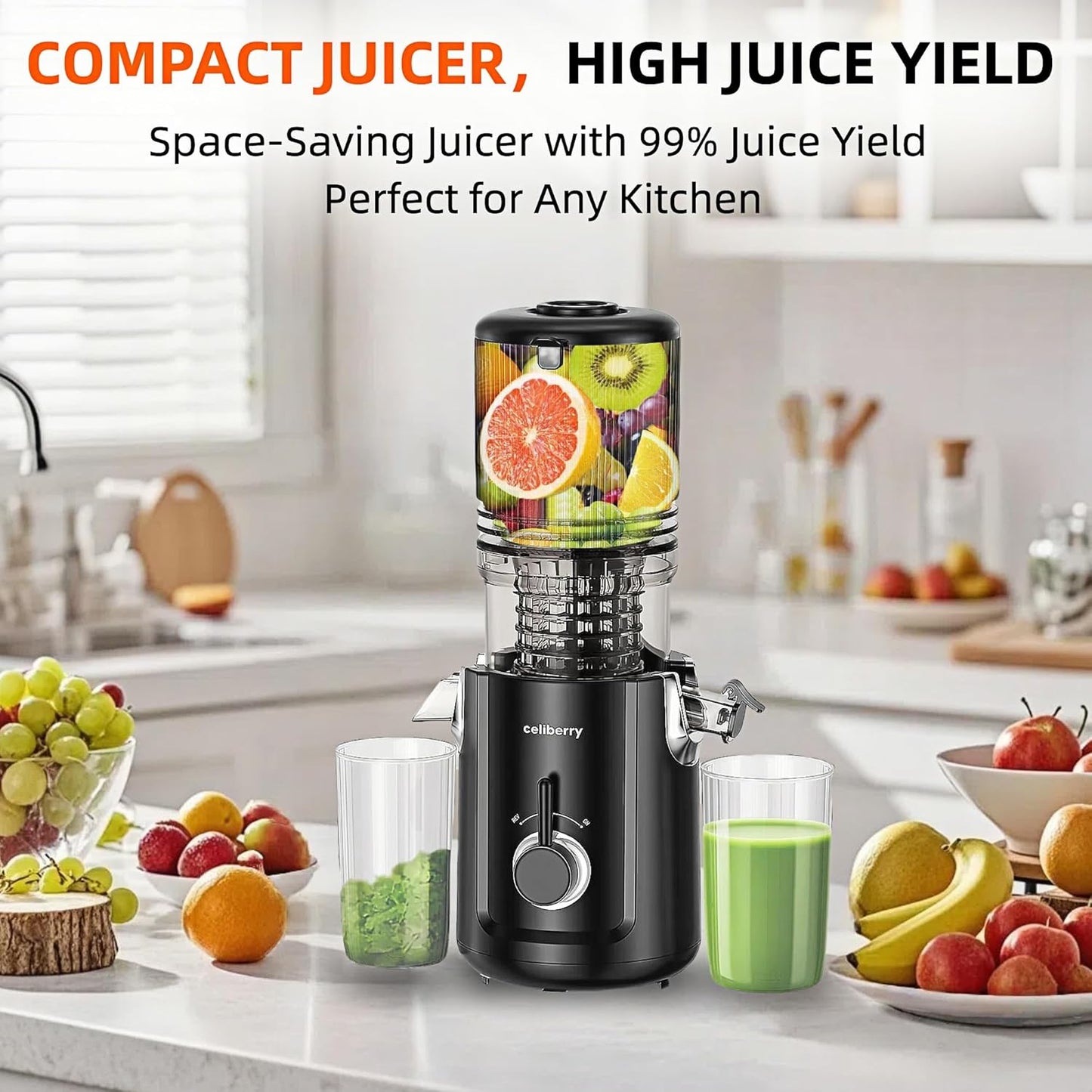 Cold Press Juicer Machines, 5.3” Large Feed Chute Slow Masticating Juicer for Whole Fruits & Vegetables, 300W Quiet Juice Extractor, Easy to Clean, Anti-Clog, No Drip, 99% High Juice Yield