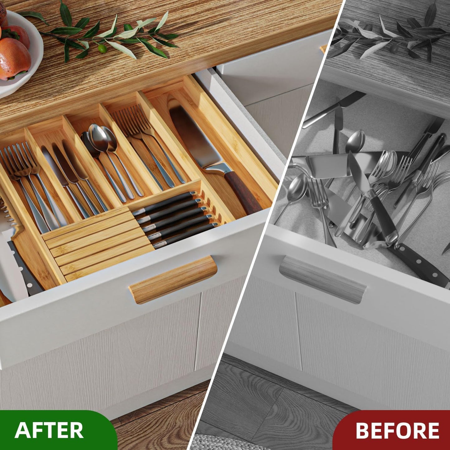 Silverware Organizer with Removable Knife Block - Bamboo Utensil Organizer for Kitchen Drawers Expandable Cutlery Organizer W12.8-20.2" x L16 x H2 (Yellow)