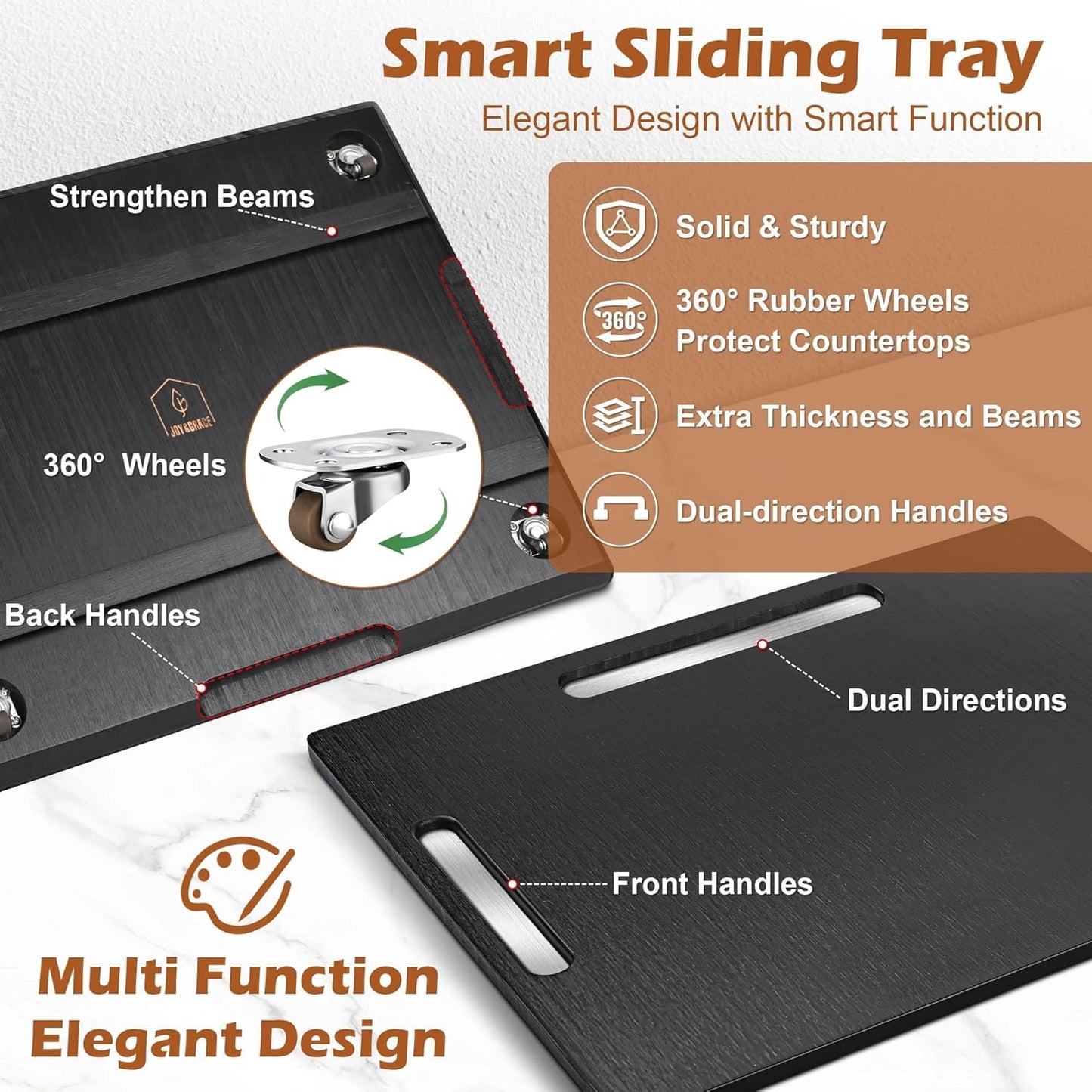 Joy&Grace Appliance Slider for Kitchen Appliances 360° Rolling Sliding Tray for Coffee Maker Countertop, Bamboo Coffee Pot Slider Rolling Tray with Universal Rollers (Black, Large 16"x13")