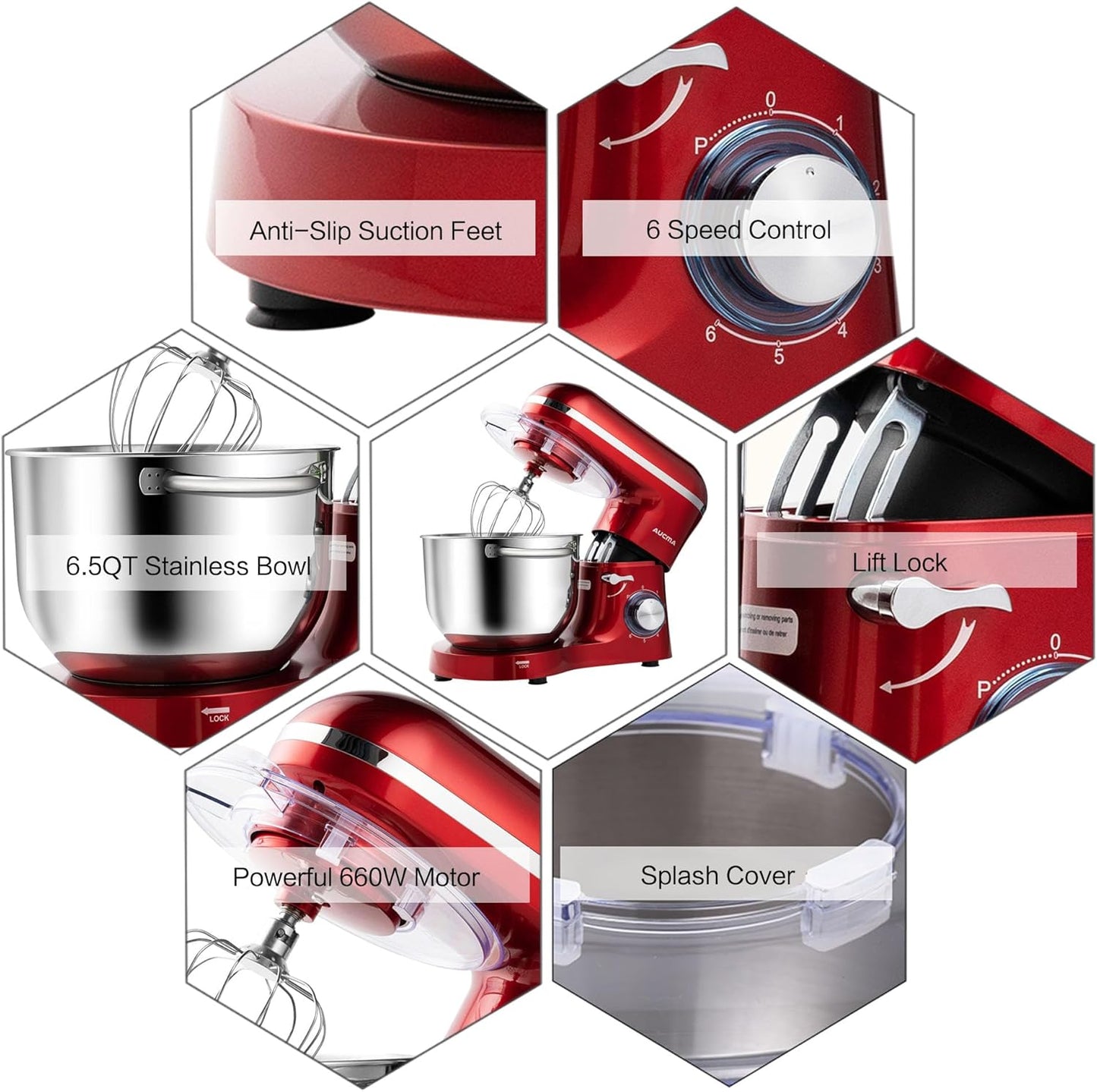 Aucma Stand Mixer,6.5-QT 660W 6-Speed Tilt-Head Food Mixer, Kitchen Electric Mixer with Dough Hook, Wire Whip & Beater 2 Layer Red Painting (6.5QT, Red)